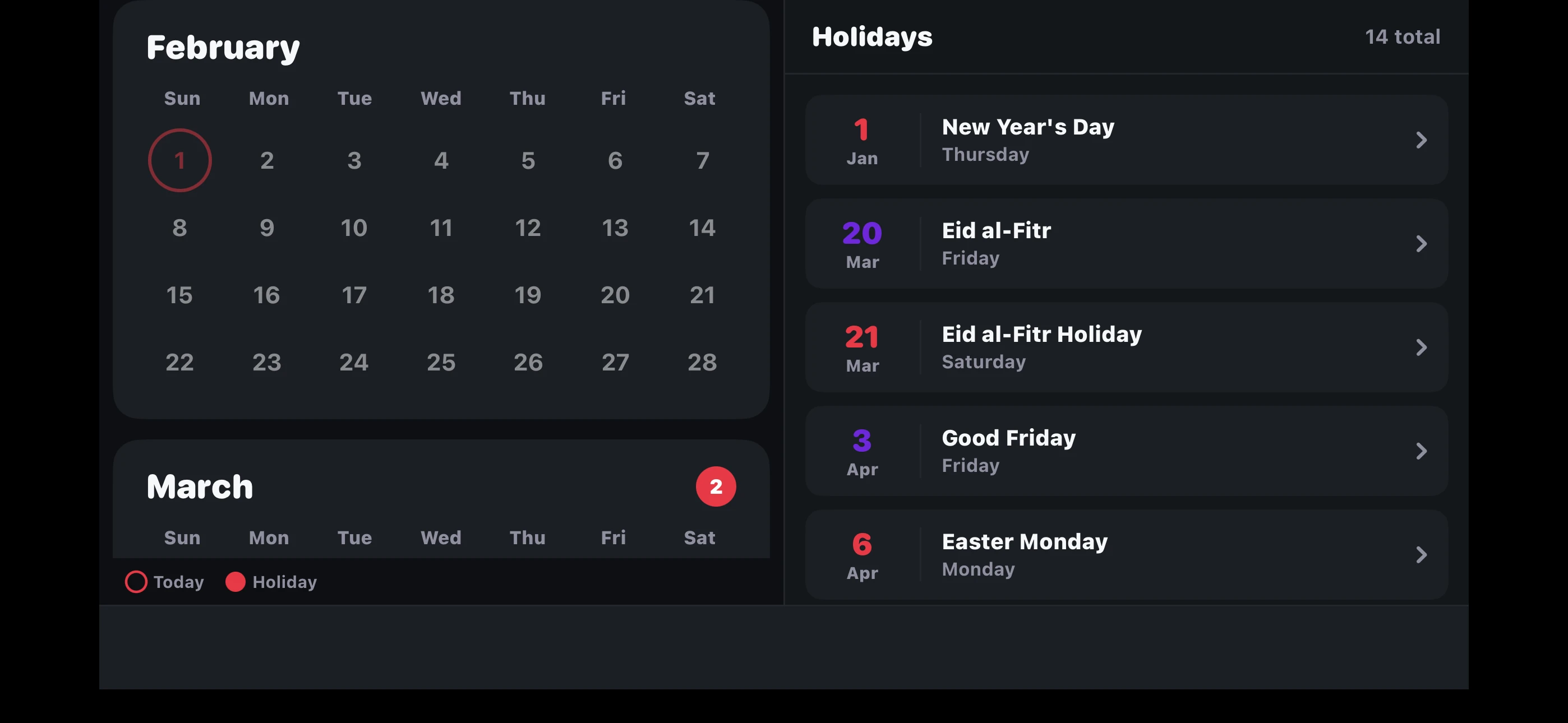 Landscape Calendar and Holidays - Dark Mode