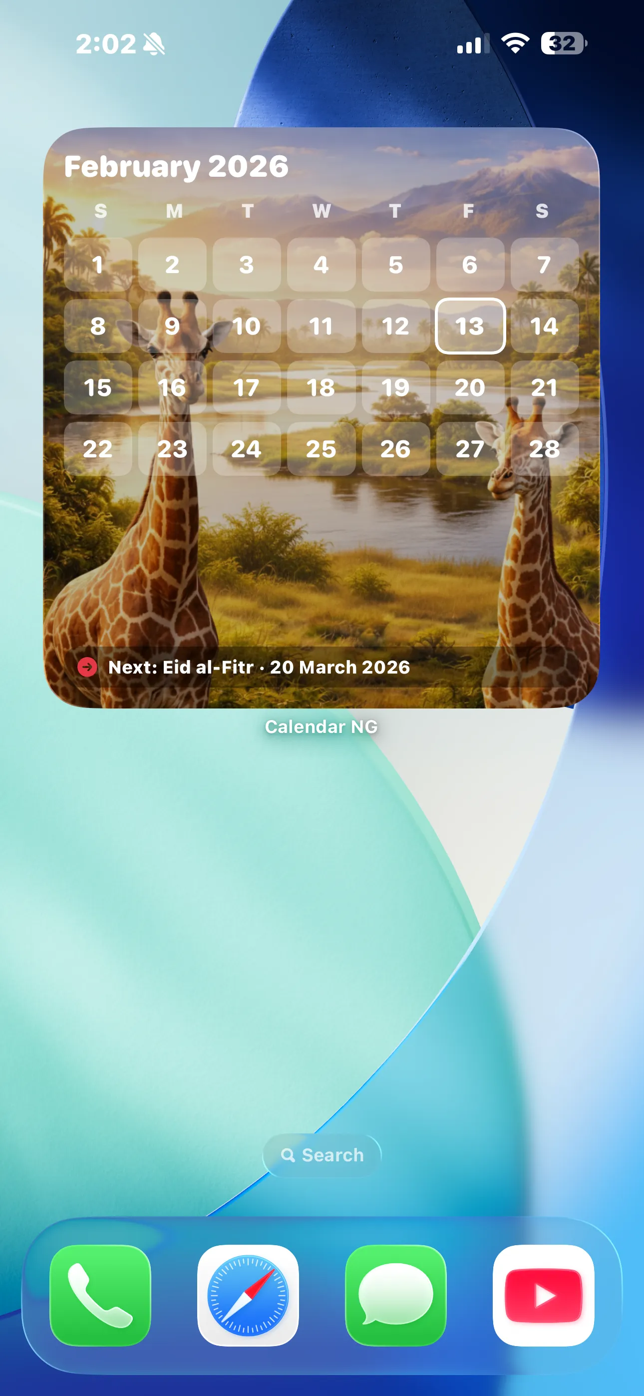Monthly Calendar Widget on Home Screen - Light Mode