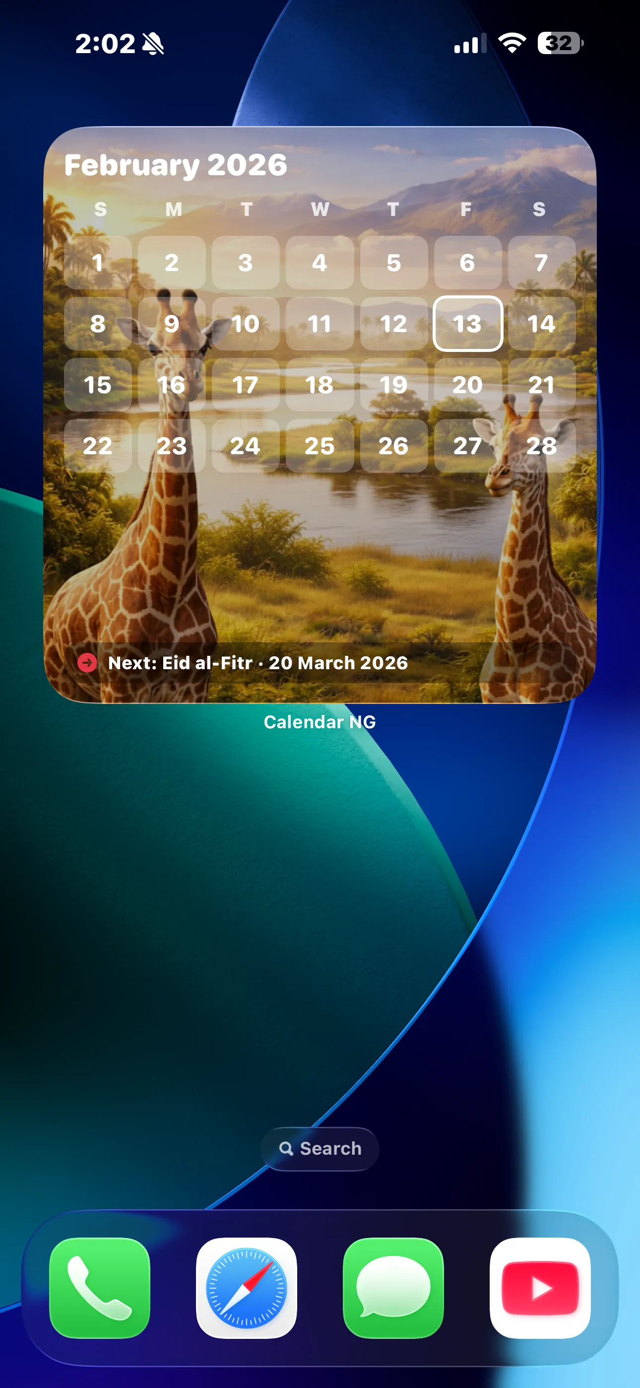 Monthly Calendar Widget on Home Screen - Dark Mode