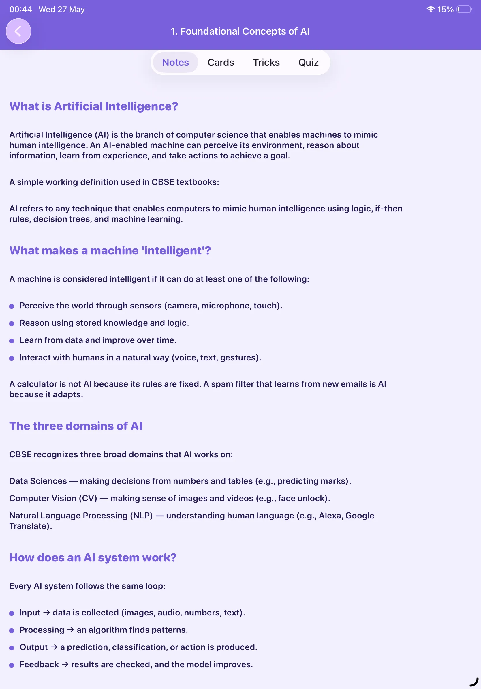CBSE AI 10 Notes tab on iPad