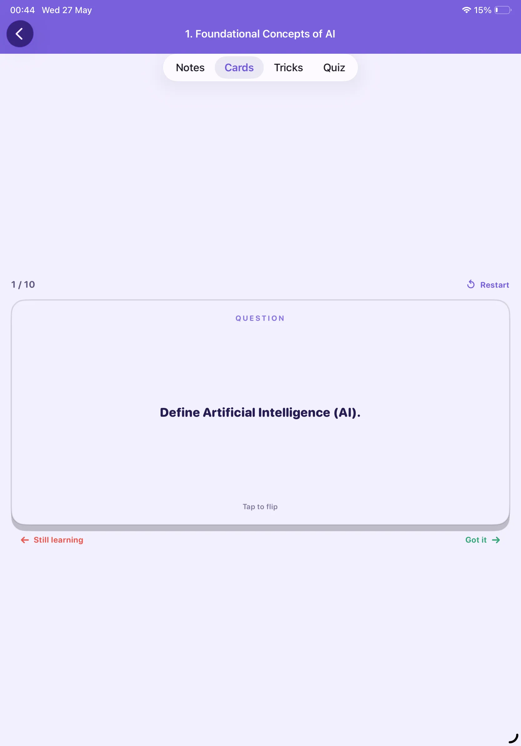 CBSE AI 10 flashcard question on iPad