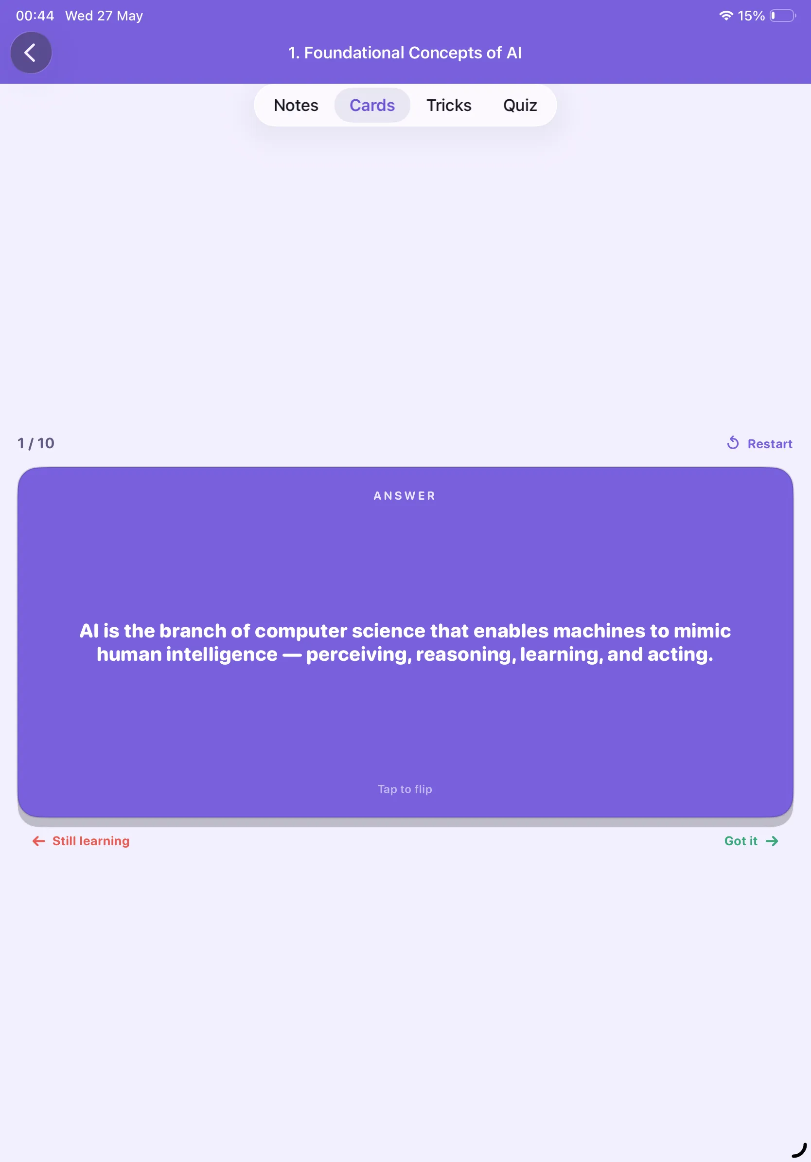 CBSE AI 10 flashcard answer on iPad