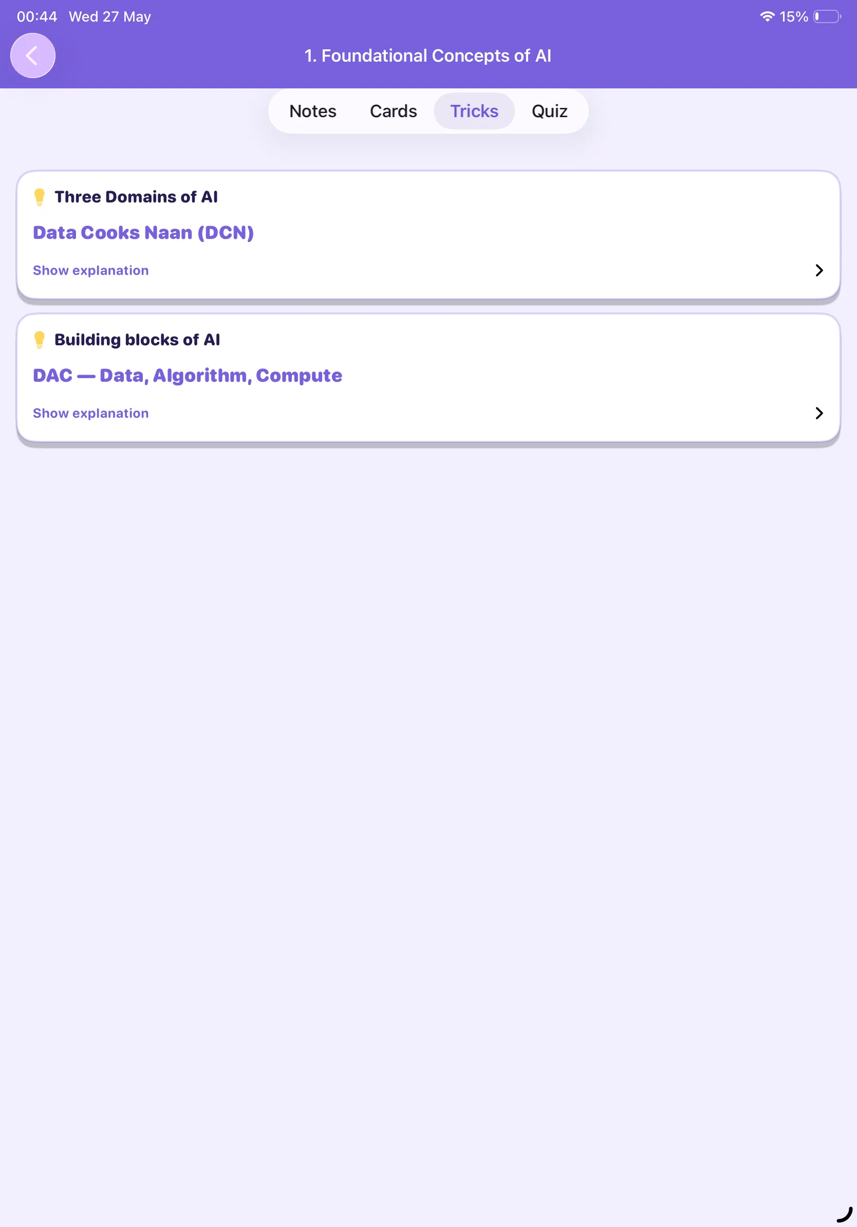CBSE AI 10 Tricks tab on iPad