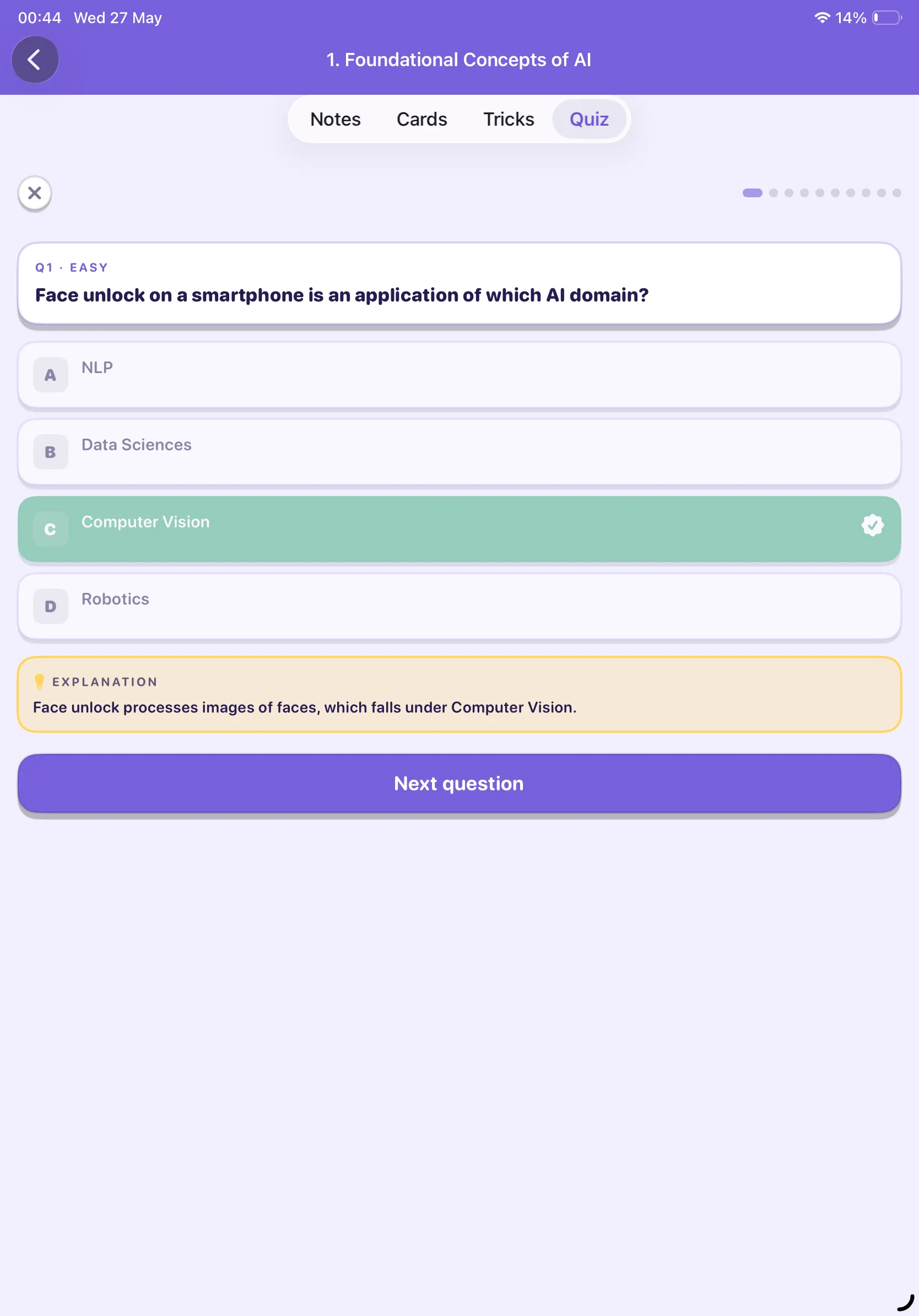 CBSE AI 10 quiz question with explanation on iPad