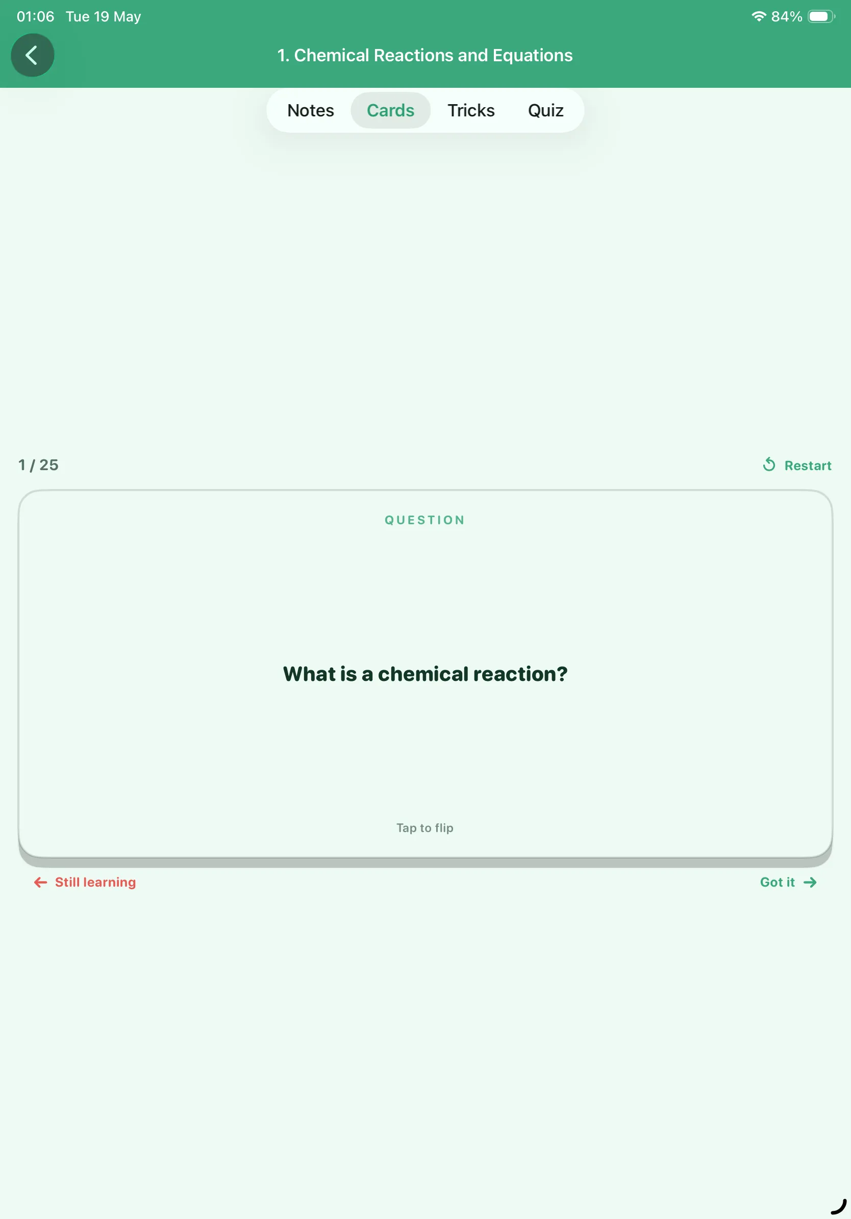 CBSE Science 10 flashcard question on iPad