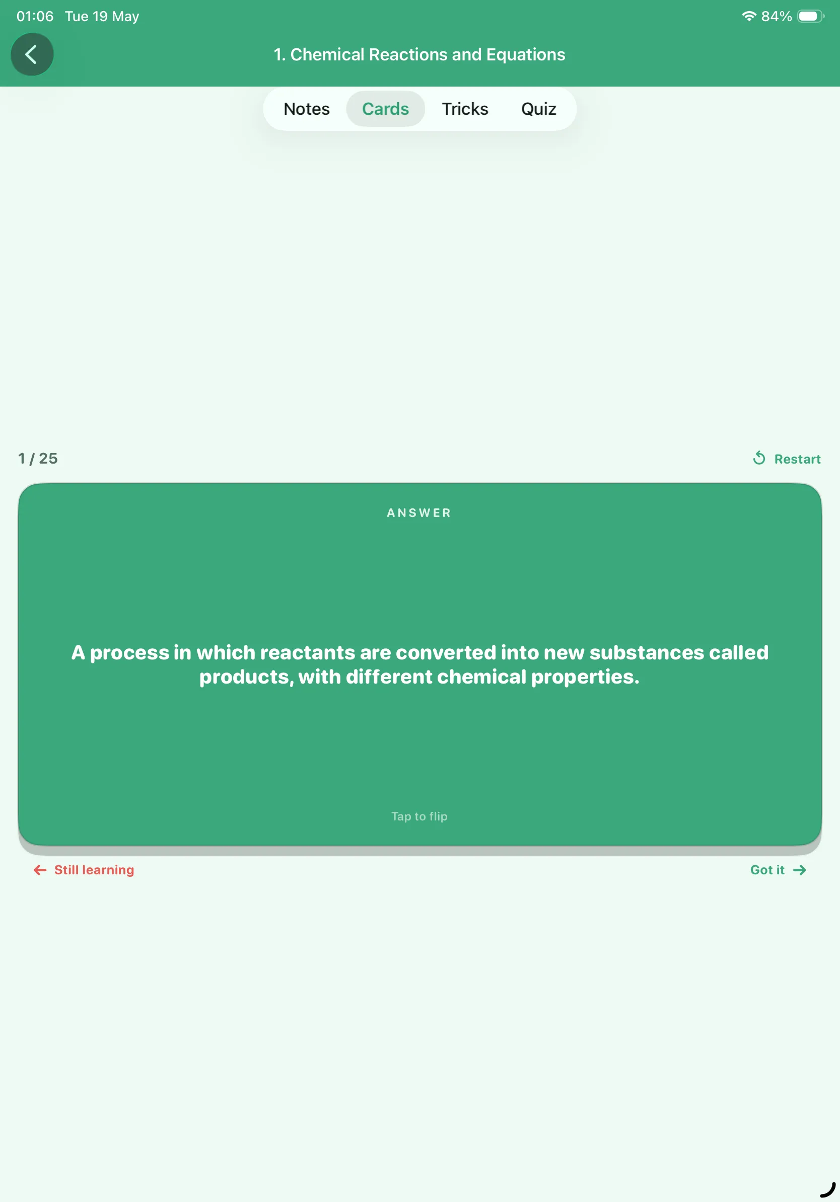 CBSE Science 10 flashcard answer on iPad