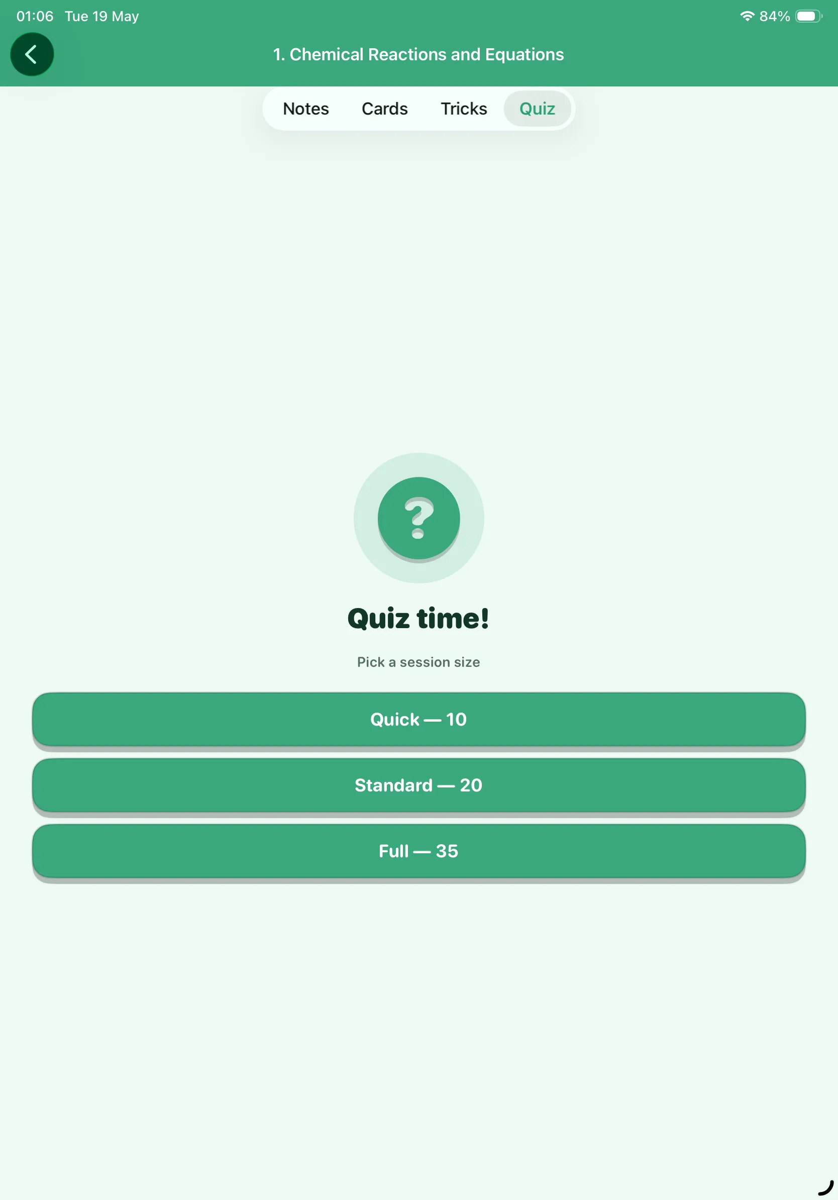 CBSE Science 10 quiz session-size picker on iPad