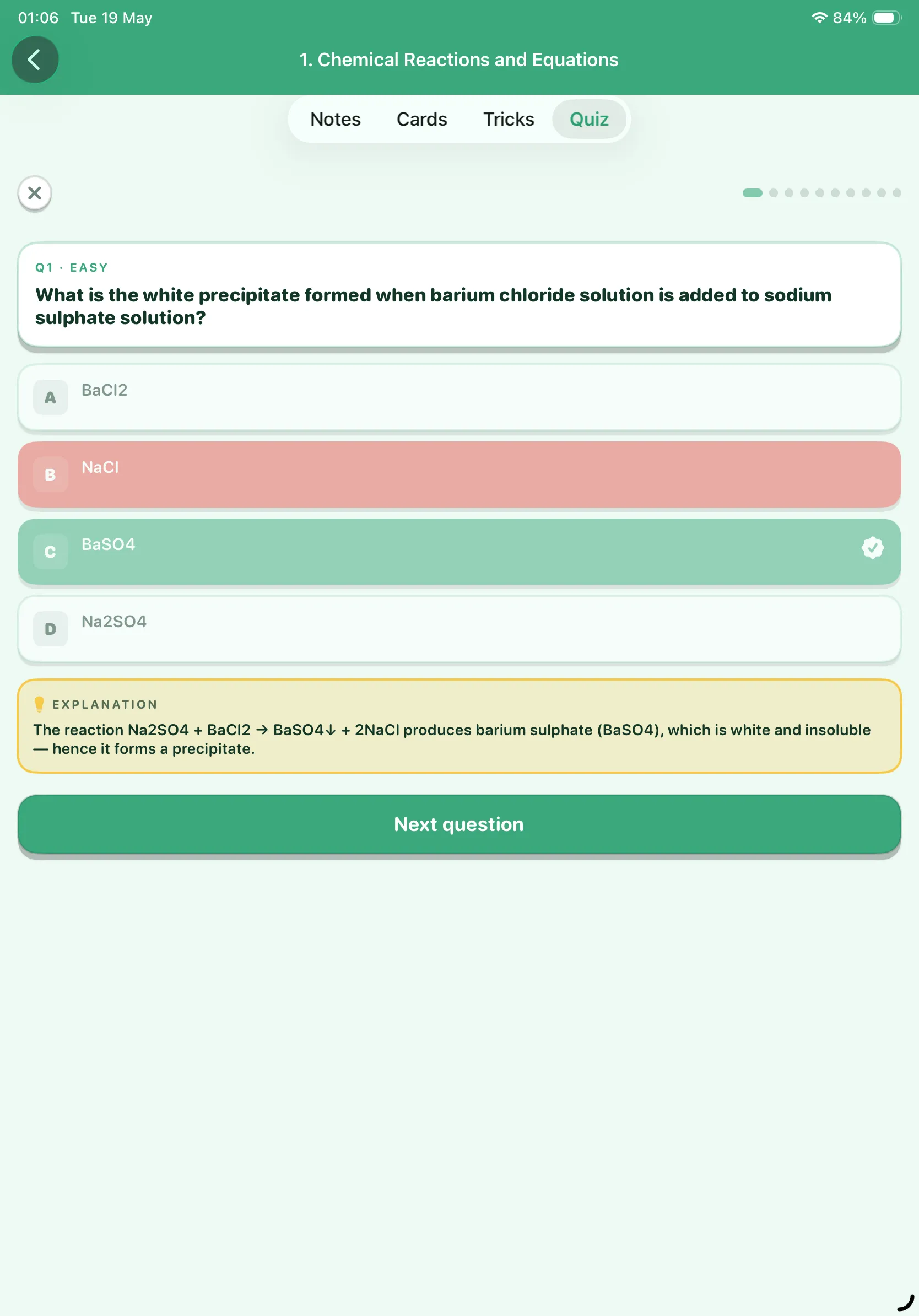 CBSE Science 10 quiz answer and explanation on iPad