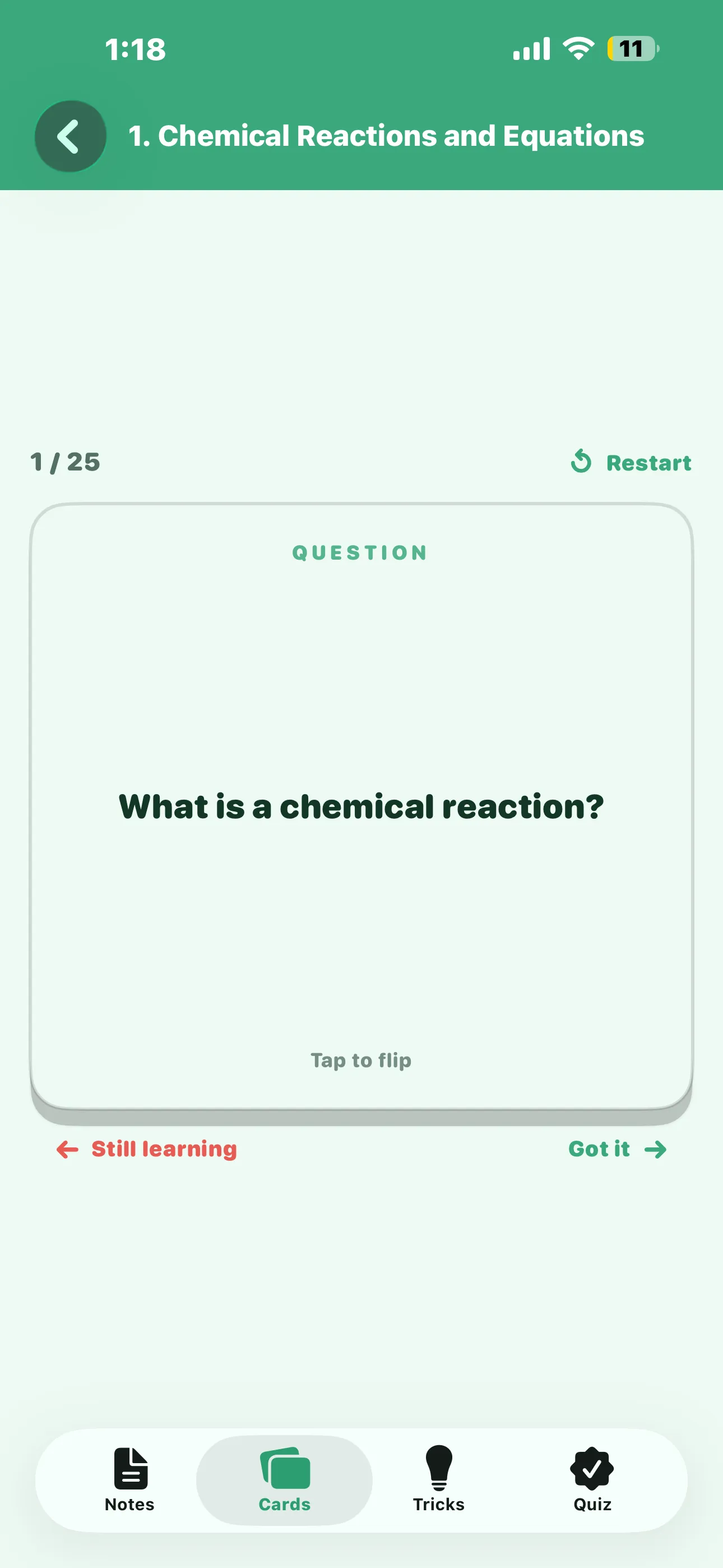 CBSE Science 10 flashcard showing a question on the front