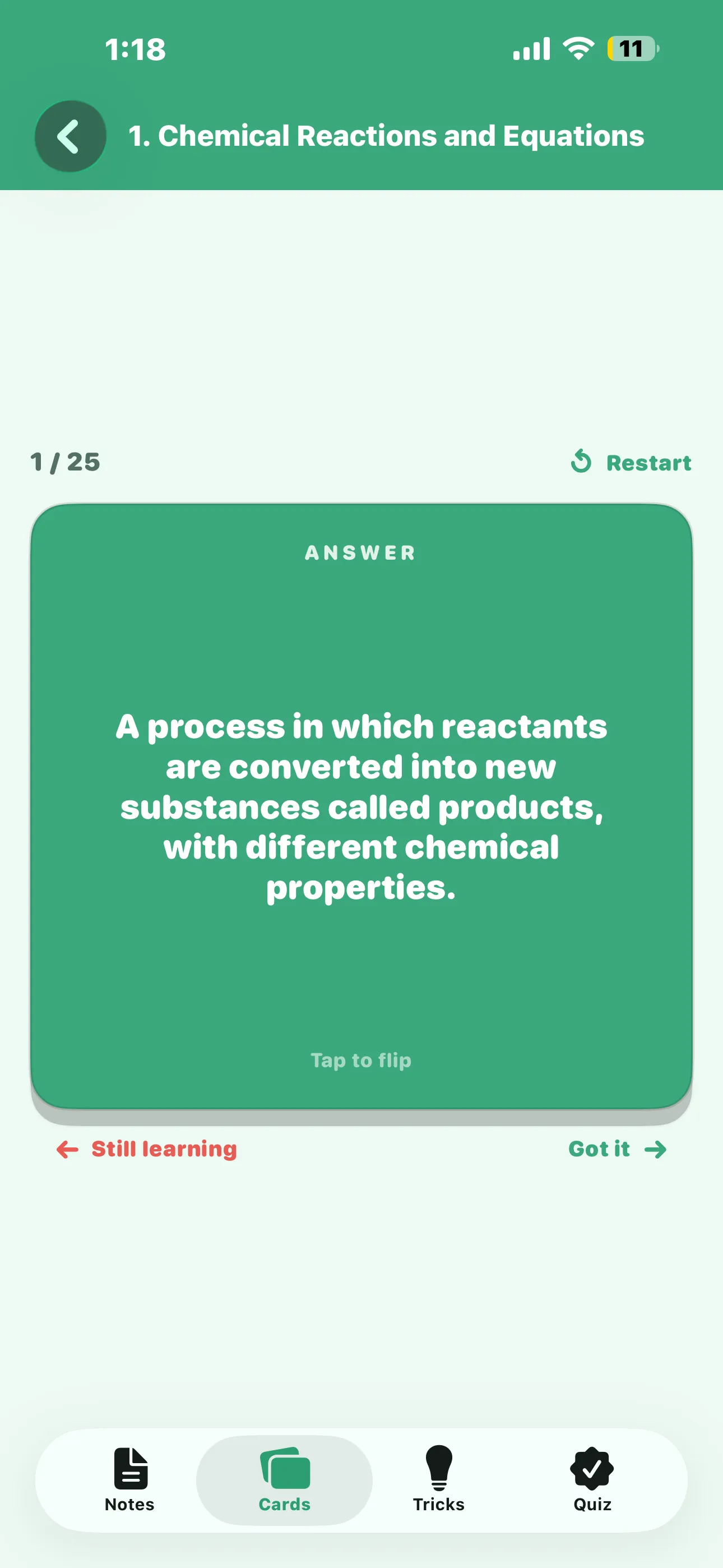 CBSE Science 10 flashcard showing the answer on the back