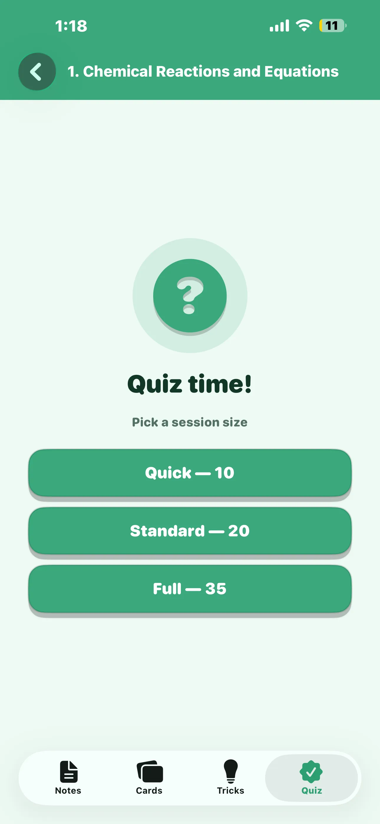 CBSE Science 10 quiz session-size picker