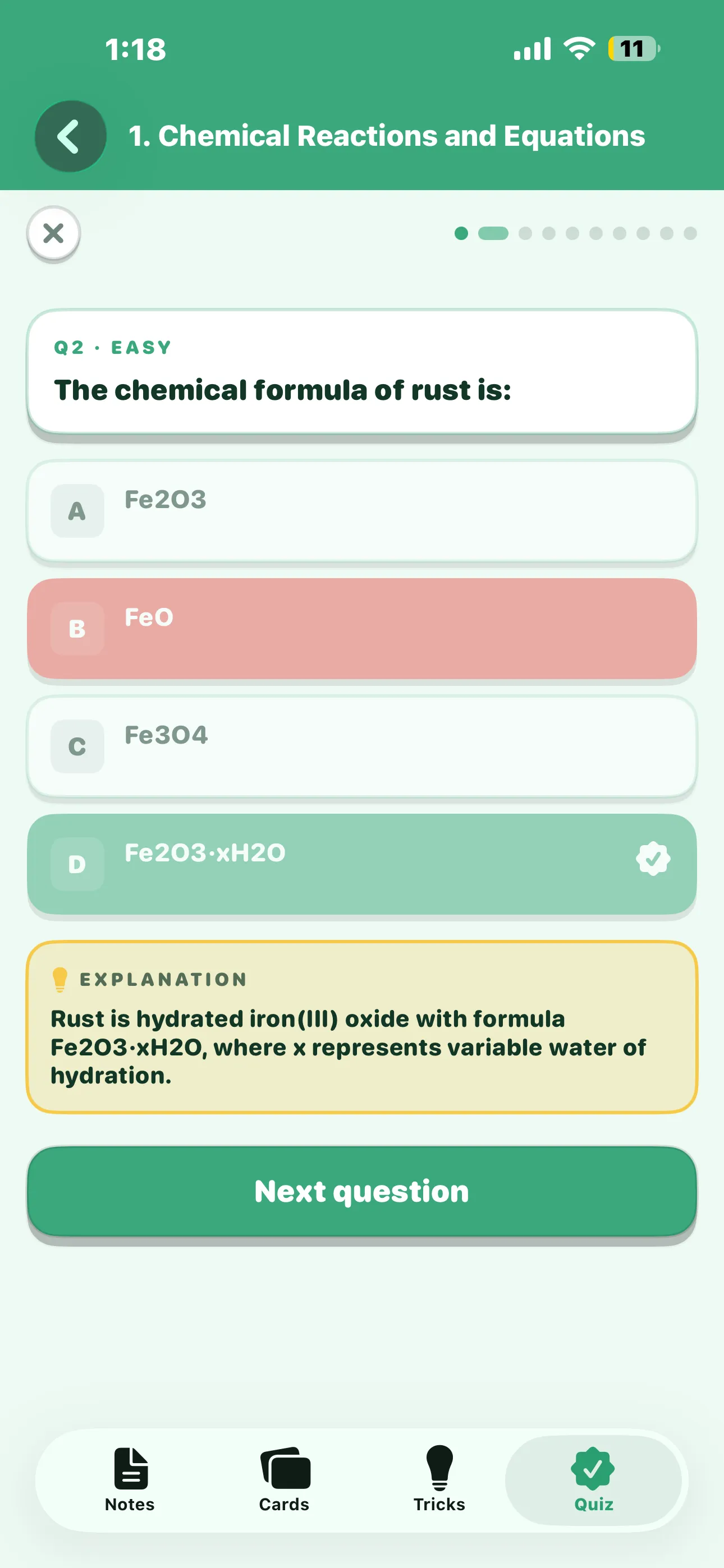CBSE Science 10 quiz showing another worked question