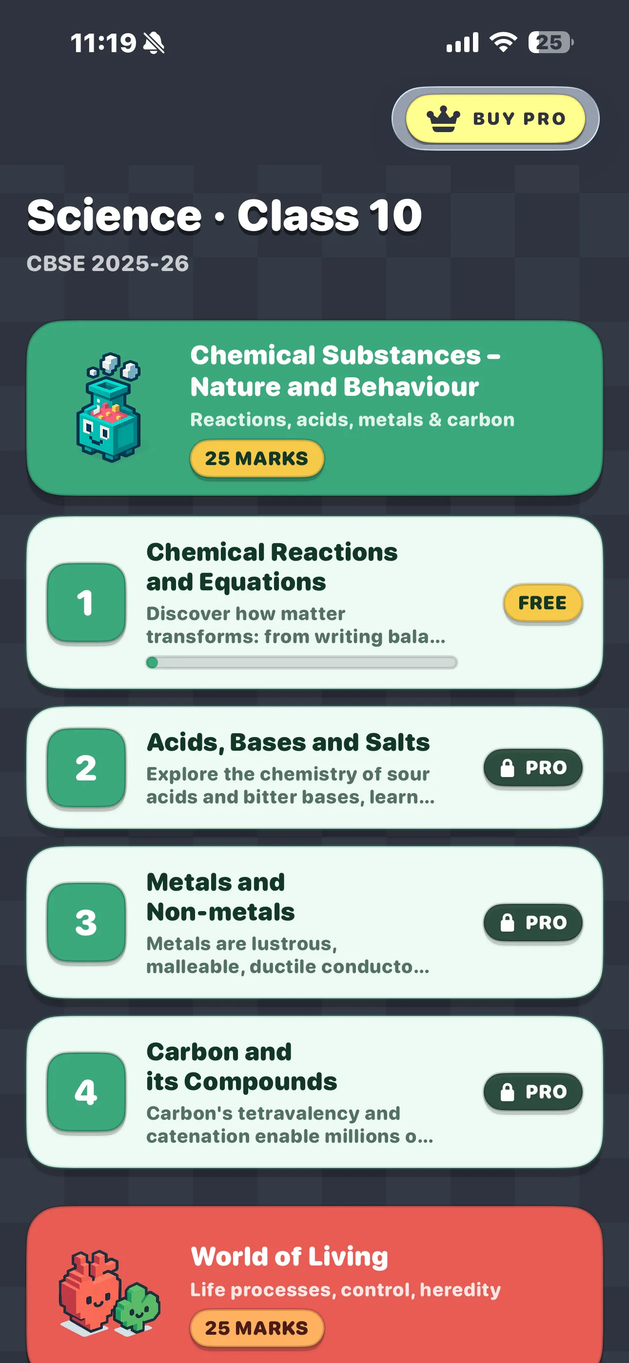CBSE Science 10 home screen showing the five colour-coded units and chapter list