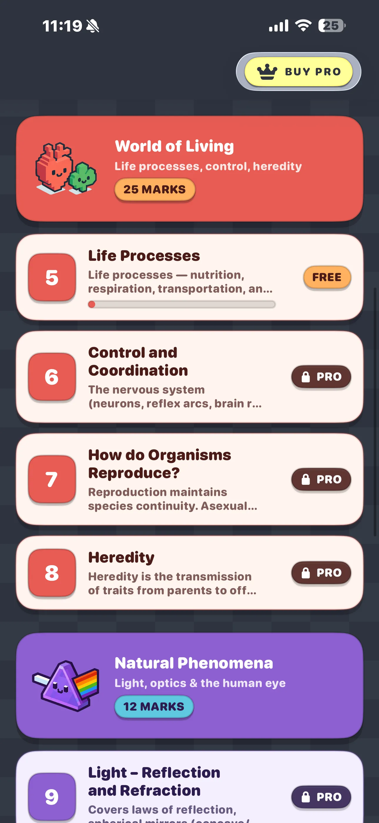 CBSE Science 10 home screen scrolled to the World of Living unit
