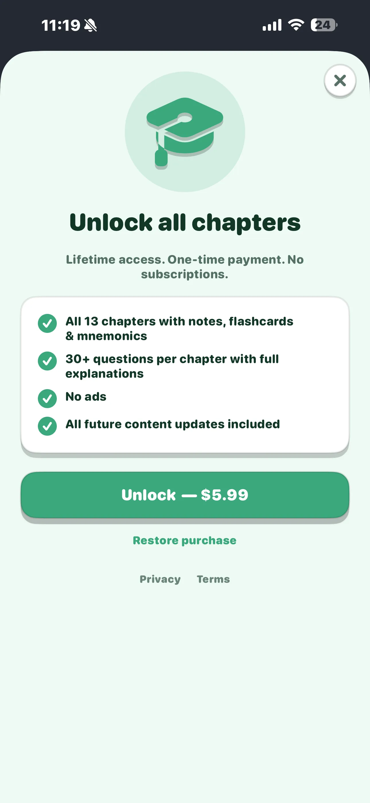 CBSE Science 10 paywall showing the one-time 5.99 unlock