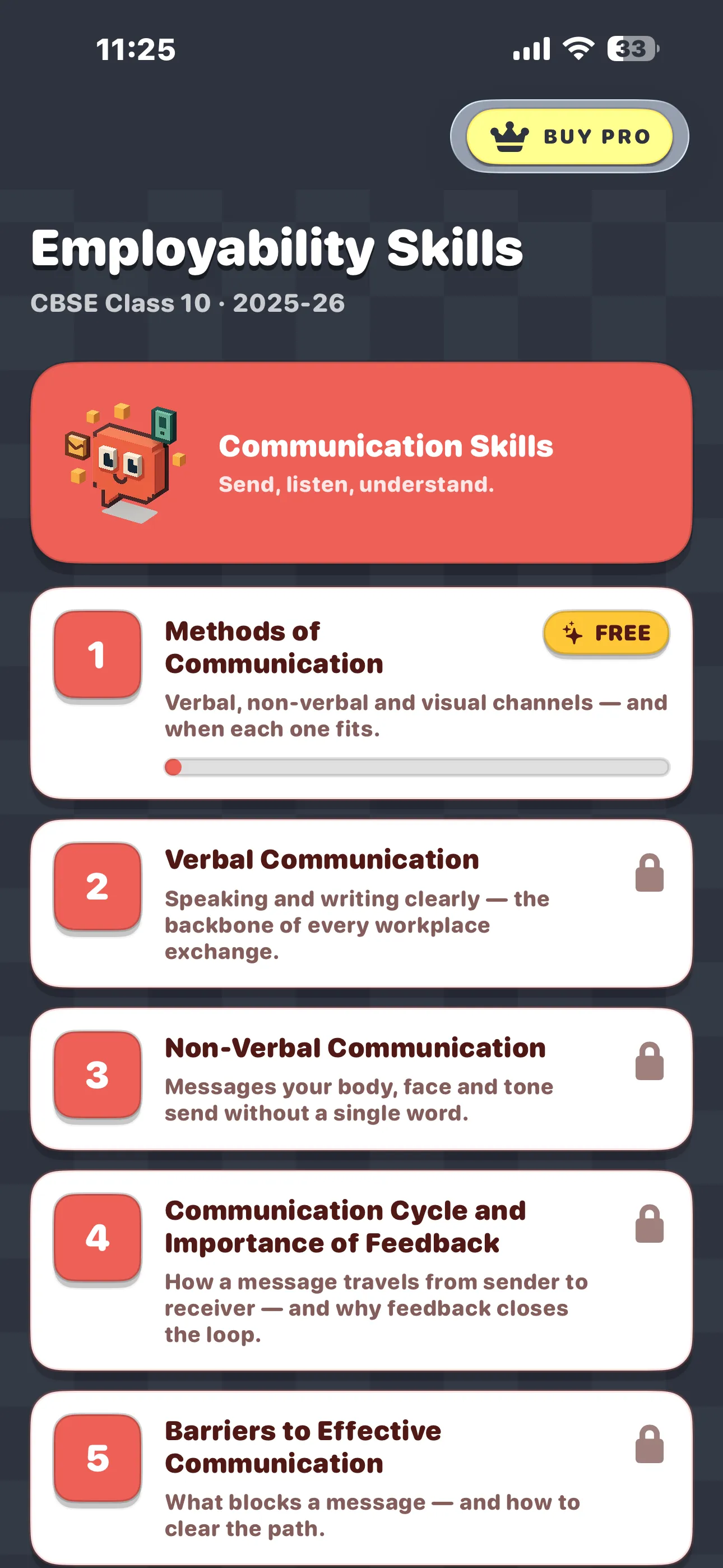 CBSE Employability Skills home screen showing the Communication Skills unit