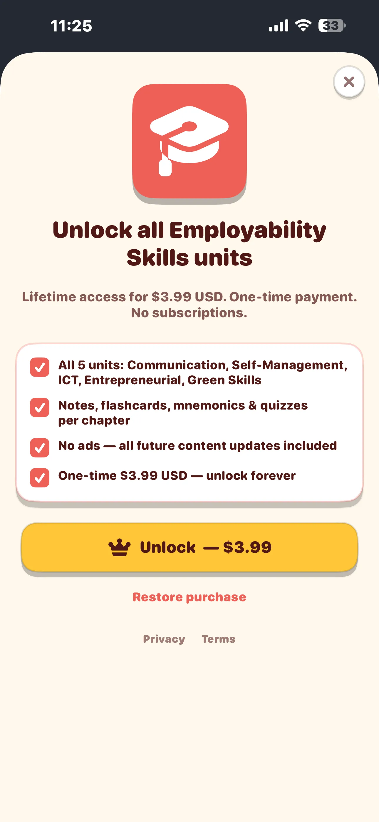CBSE Employability Skills paywall on iPhone showing the one-time 3.99 unlock