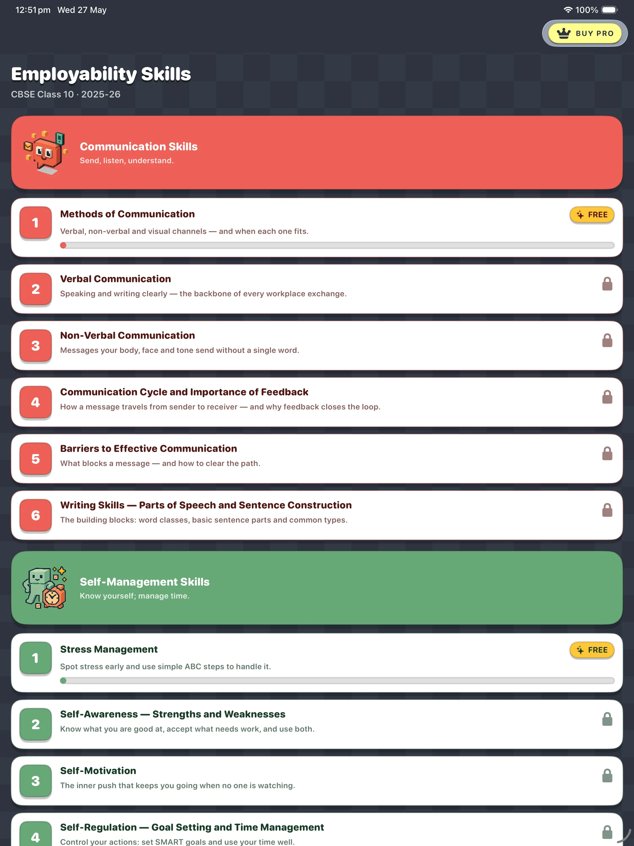 CBSE Employability Skills home screen with Communication and Self-Management units on iPad