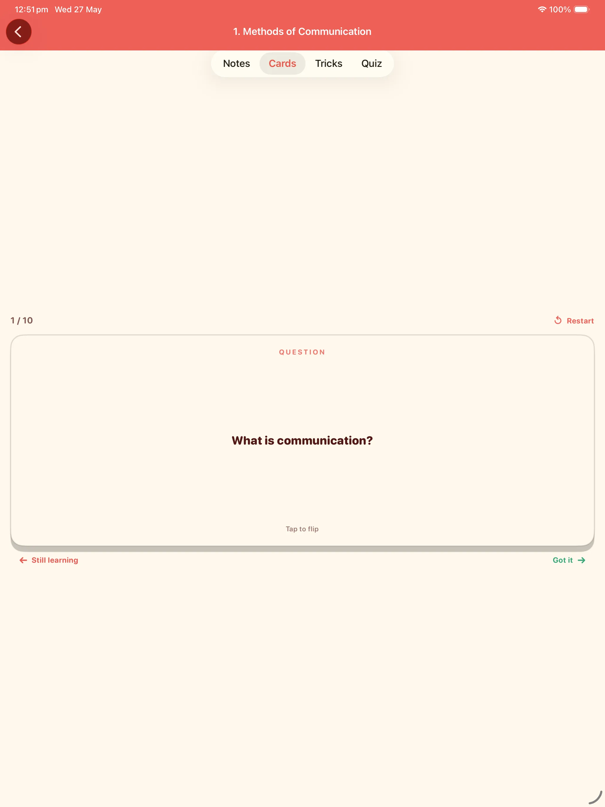 CBSE Employability Skills flashcard question on iPad