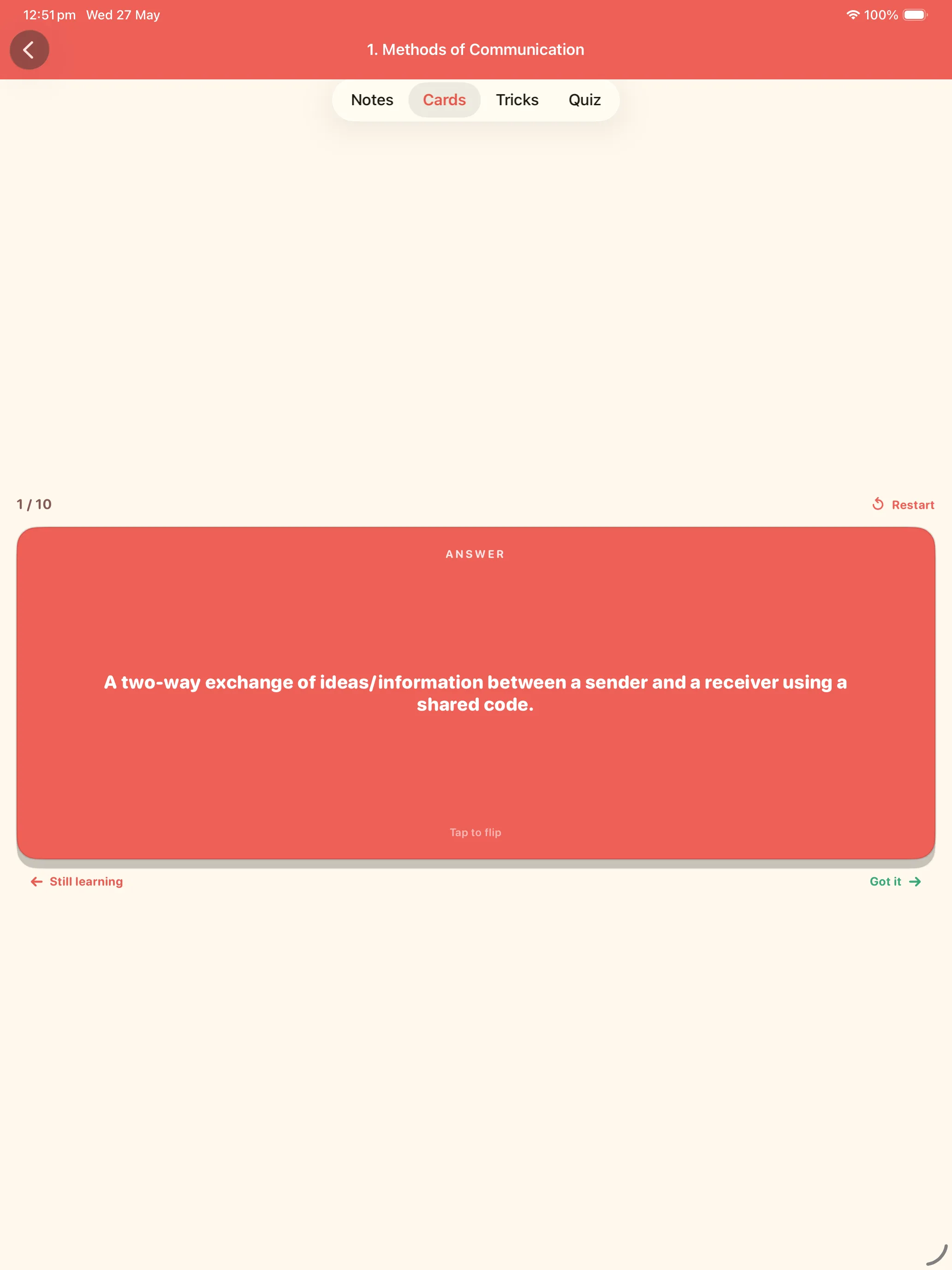 CBSE Employability Skills flashcard answer on iPad