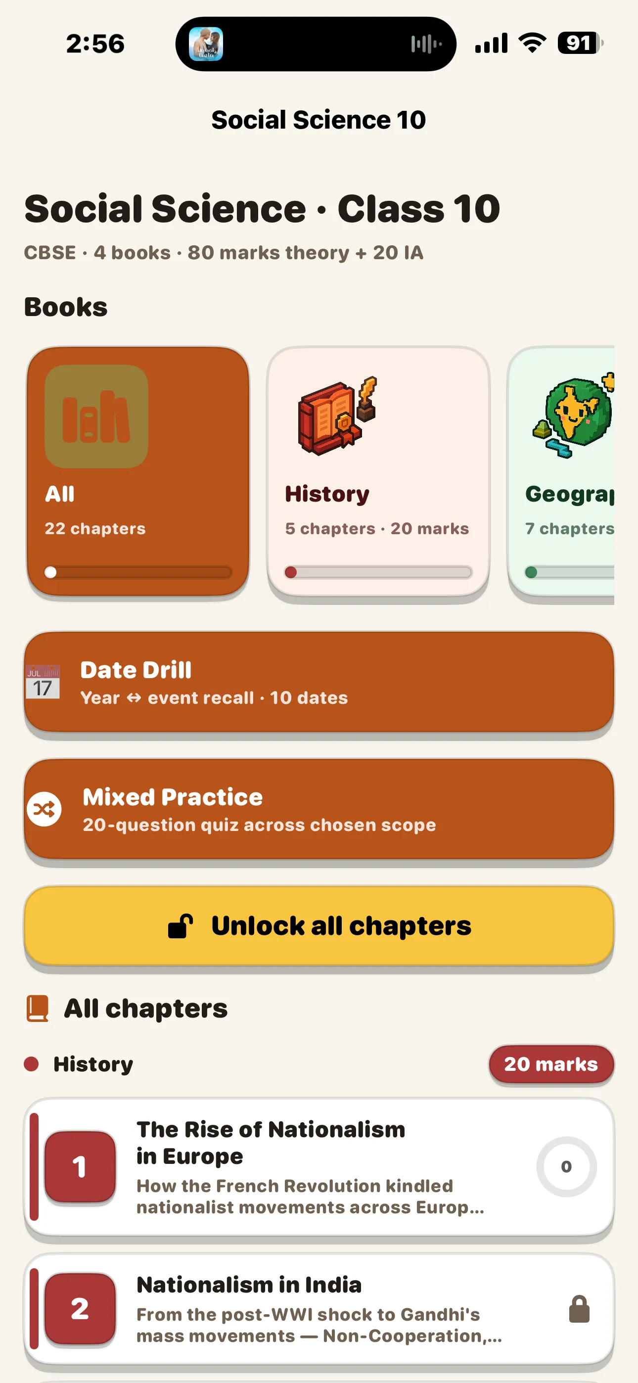CBSE Social Science 10 home screen showing the four colour-coded books