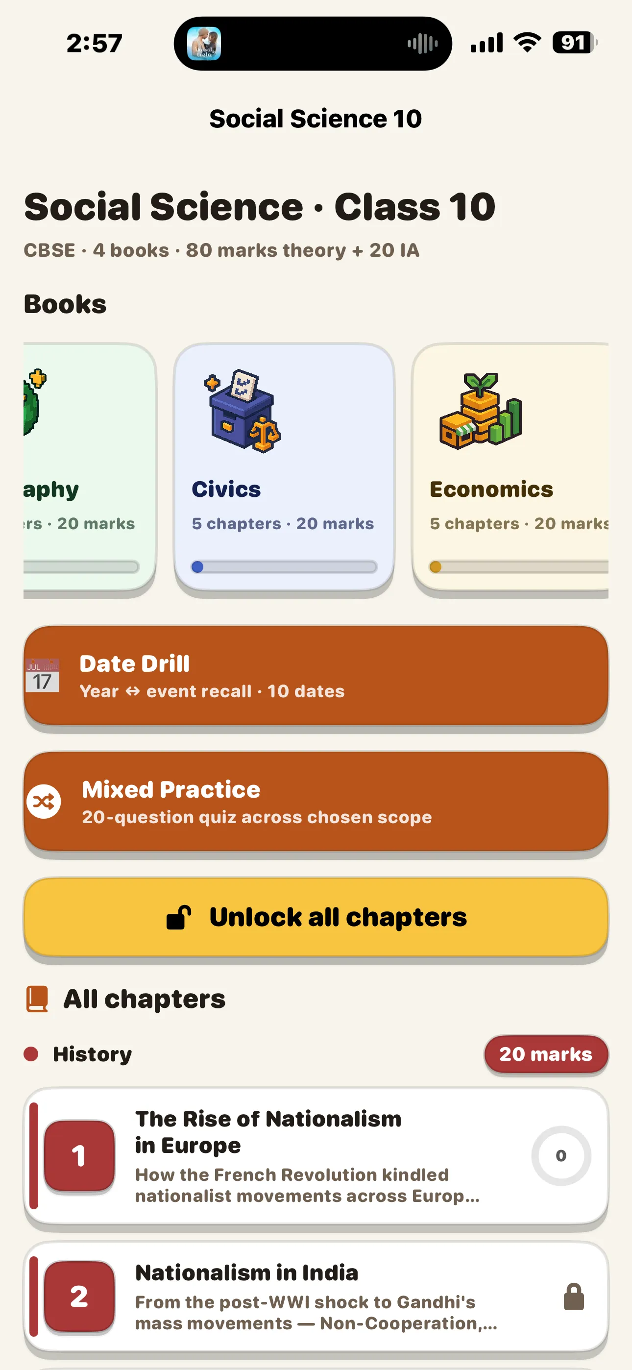 CBSE Social Science 10 book selector showing Civics and Economics