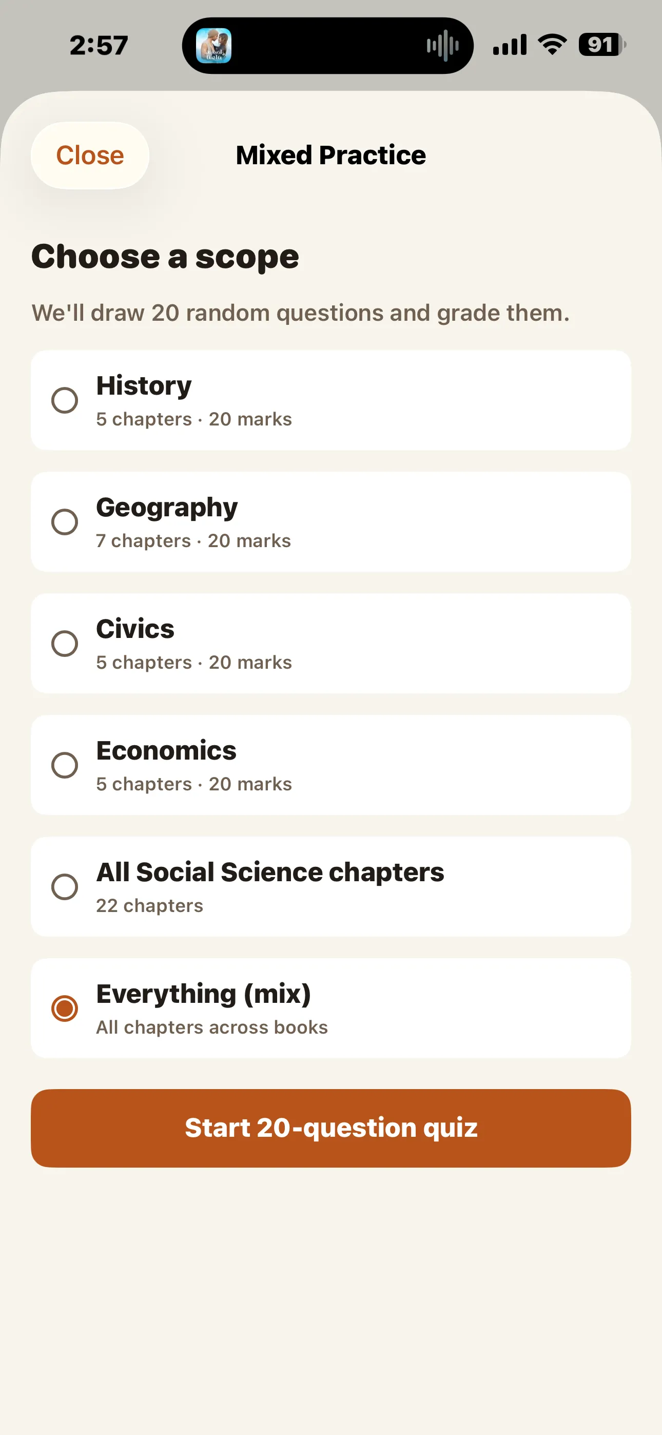 CBSE Social Science 10 Mixed Practice scope picker