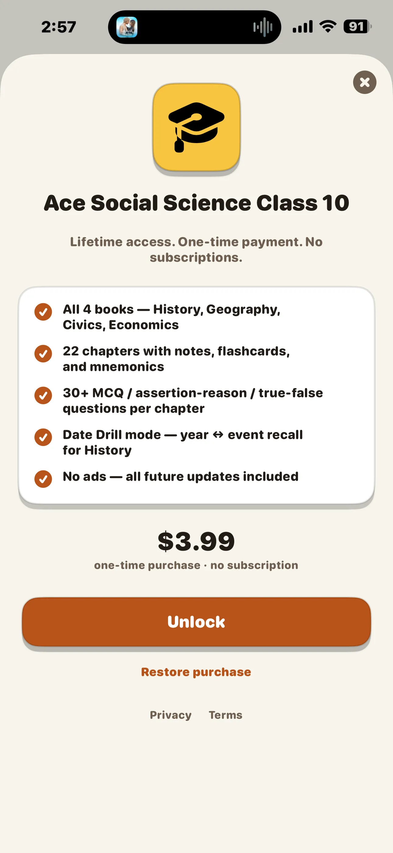 CBSE Social Science 10 paywall showing the one-time 3.99 unlock