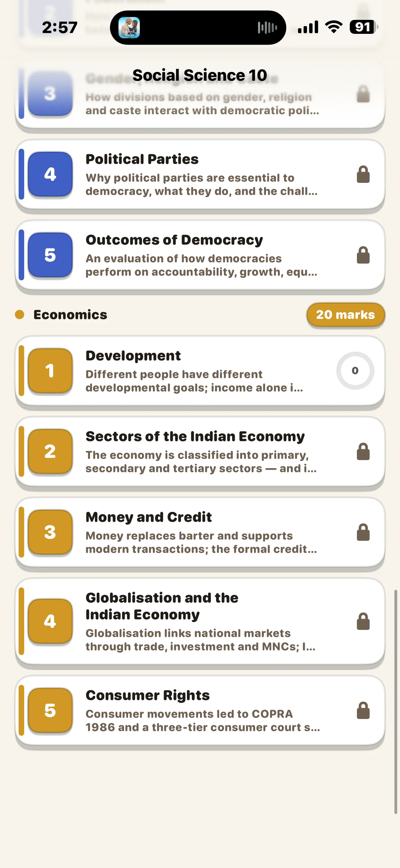 CBSE Social Science 10 Civics and Economics chapter lists
