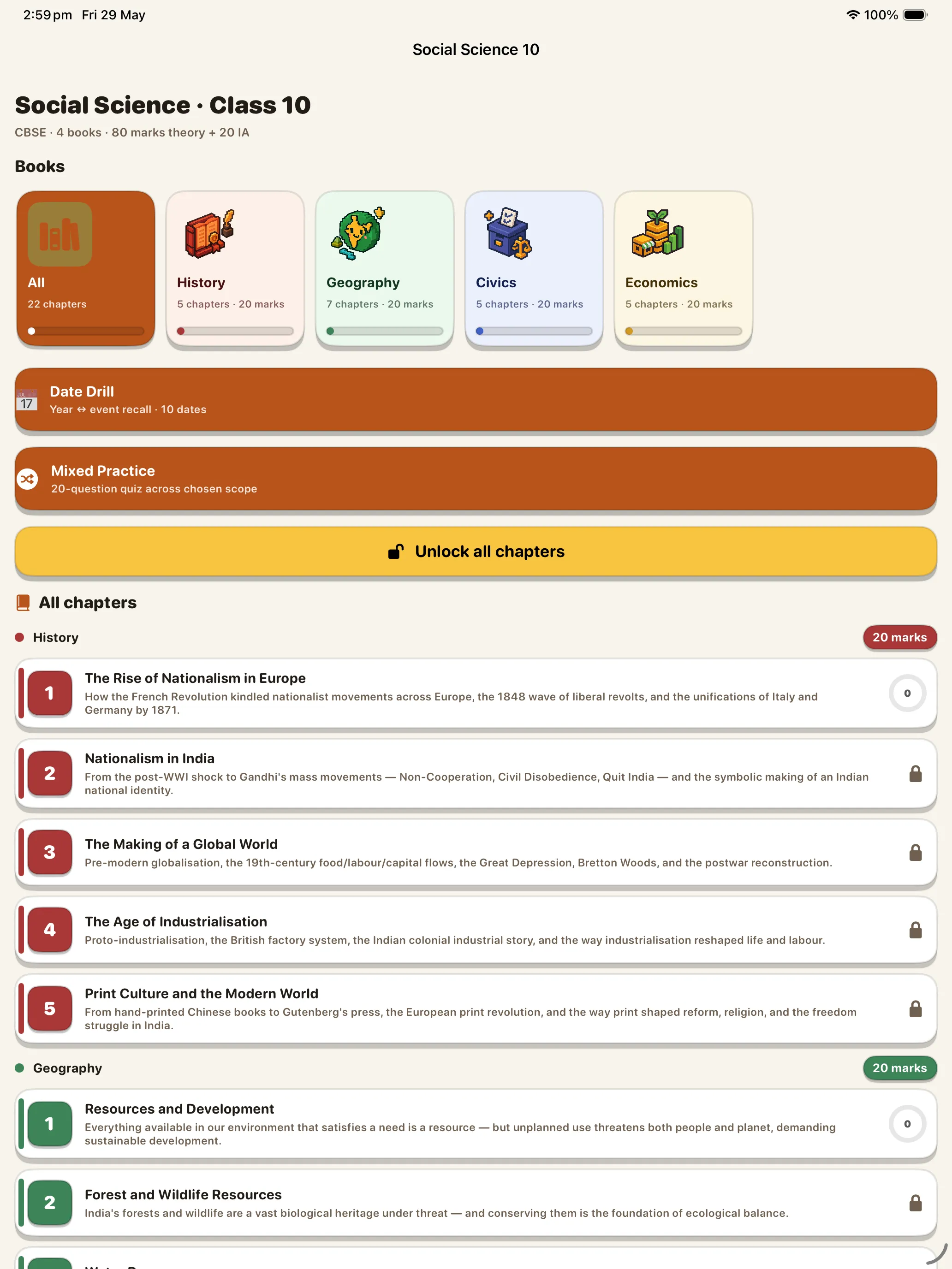 CBSE Social Science 10 home screen on iPad