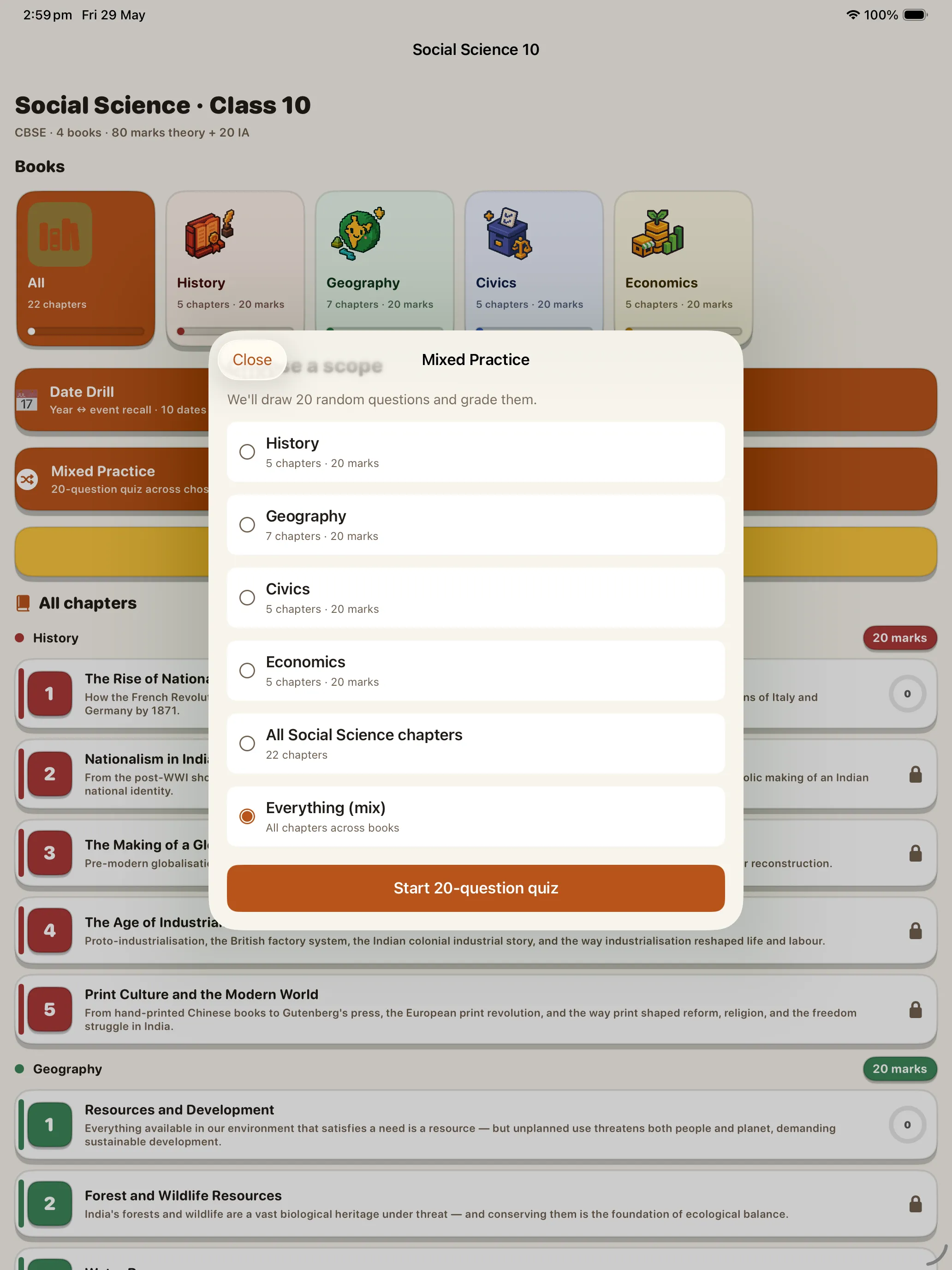 CBSE Social Science 10 Mixed Practice scope picker on iPad
