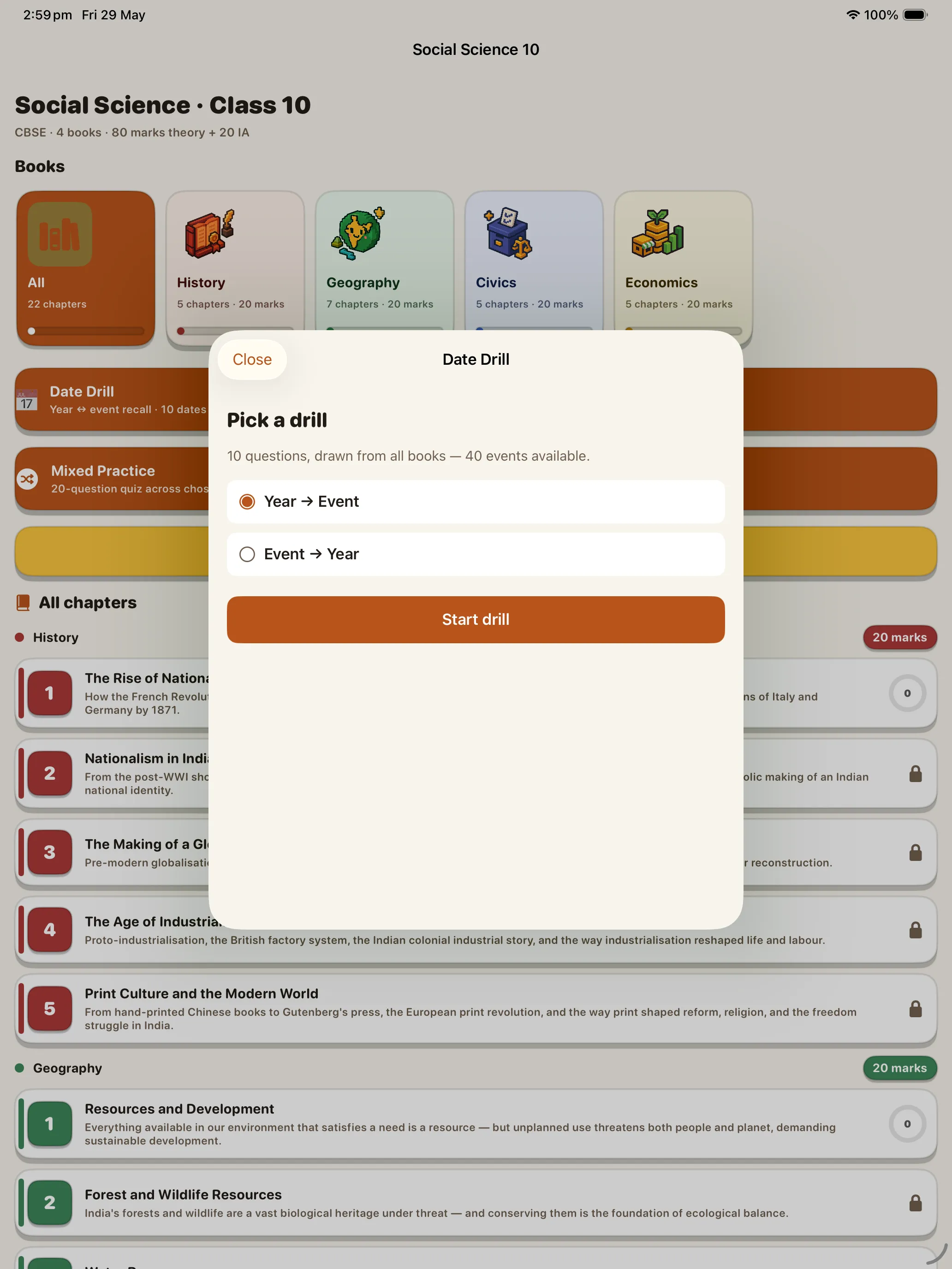 CBSE Social Science 10 Date Drill on iPad