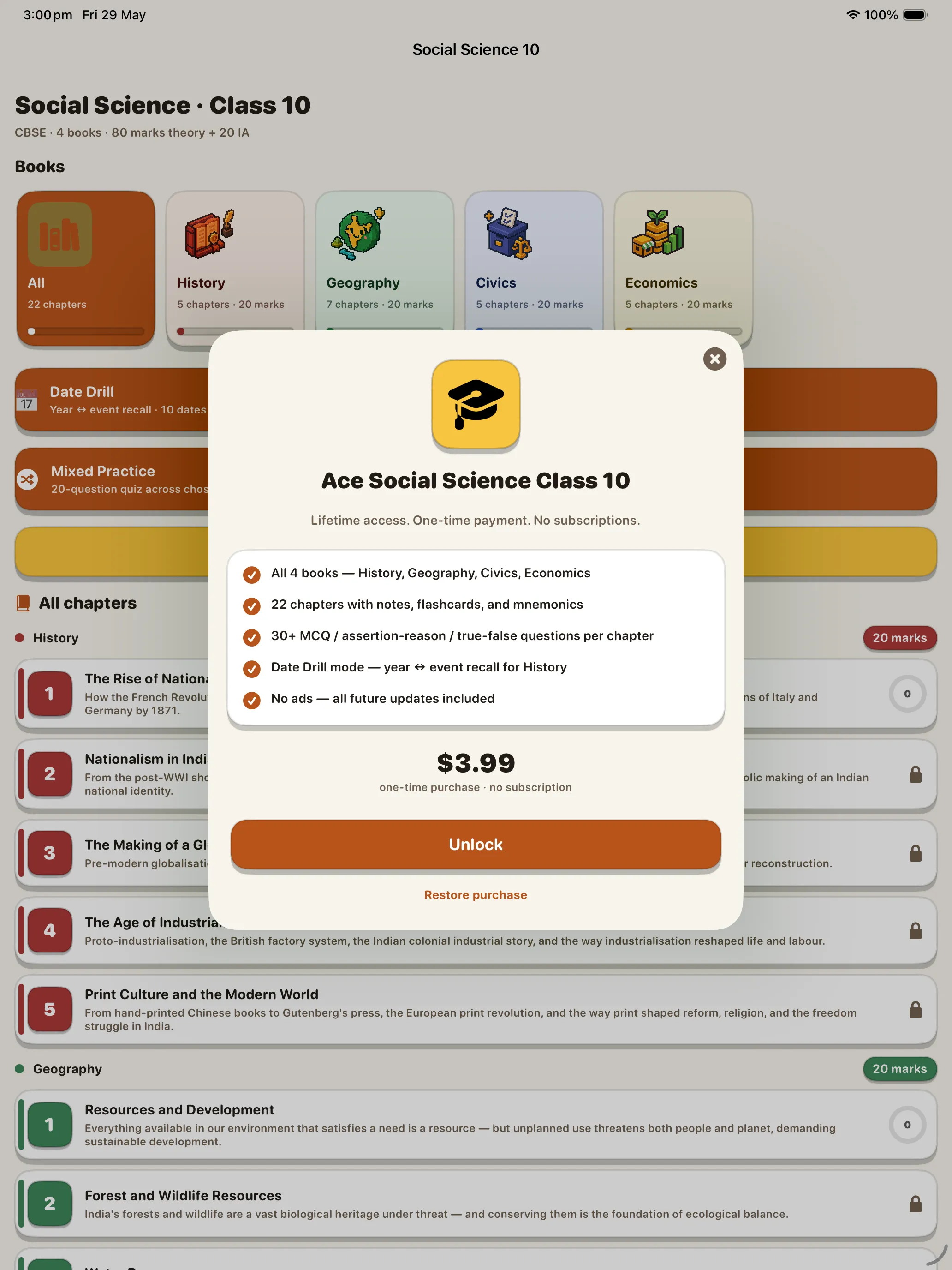 CBSE Social Science 10 paywall on iPad