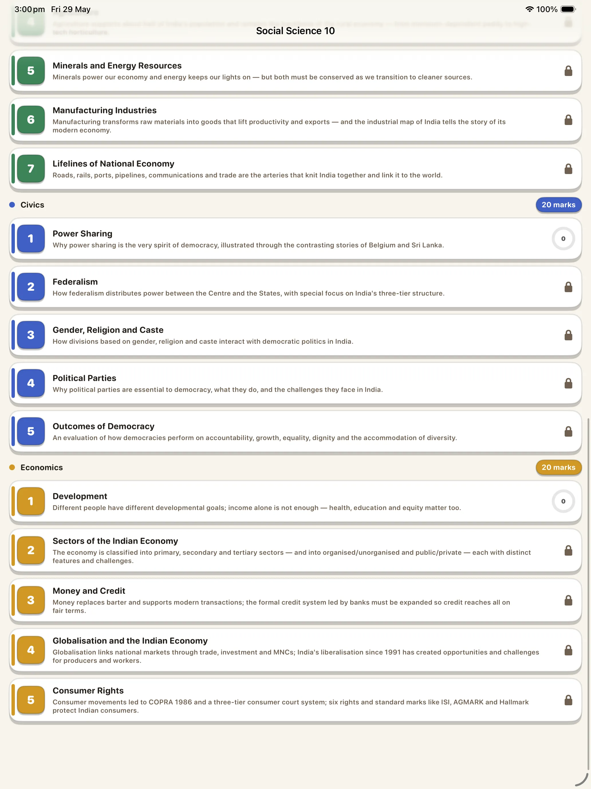 CBSE Social Science 10 Civics and Economics chapters on iPad