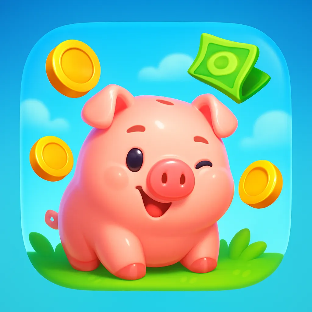 Coin Change app icon &mdash; a smiling pink piggy bank surrounded by gold coins and a green note