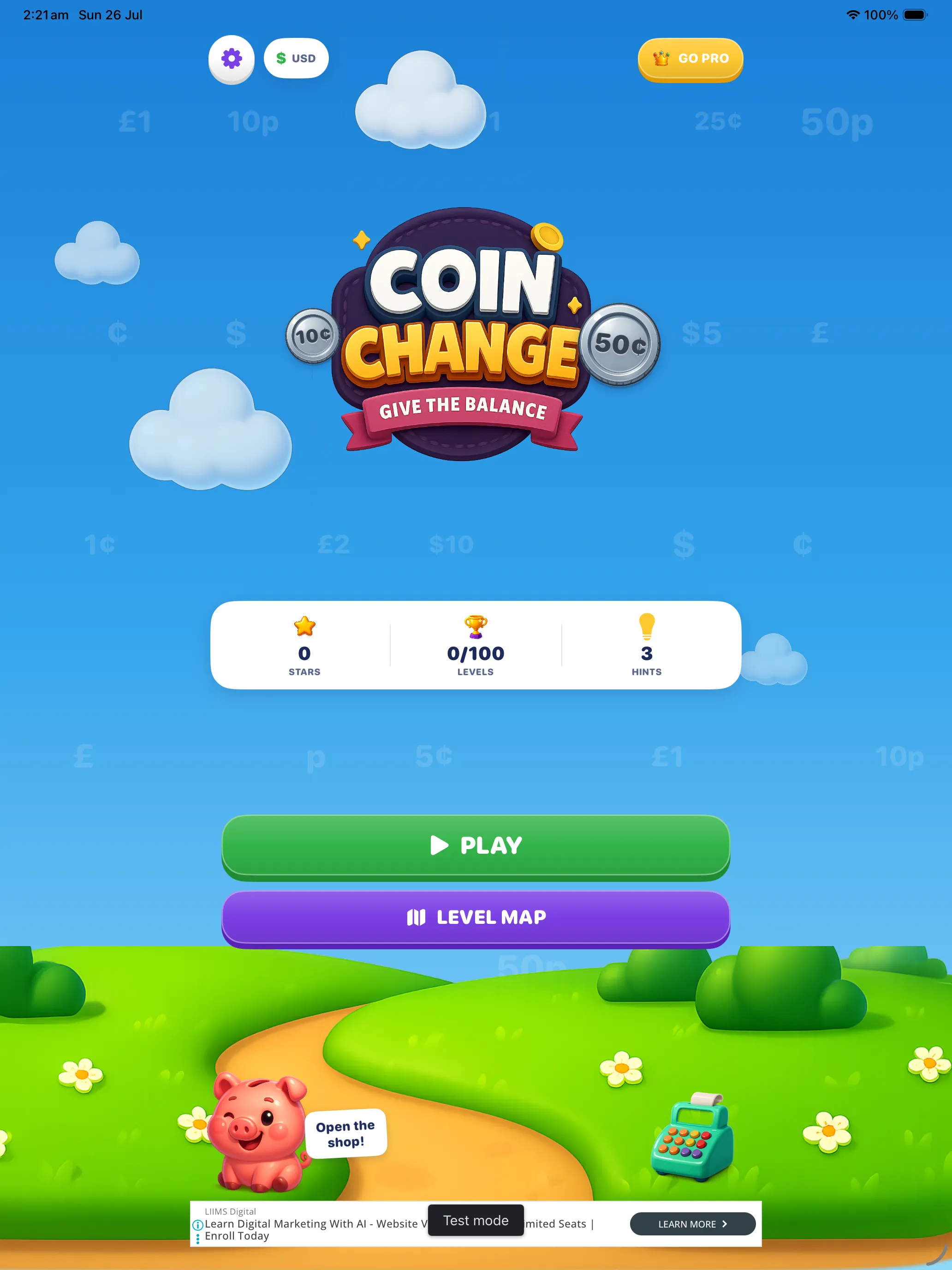 Coin Change home screen on iPad — the logo over rolling green hills with the piggy, a toy cash register and Play and Level Map buttons