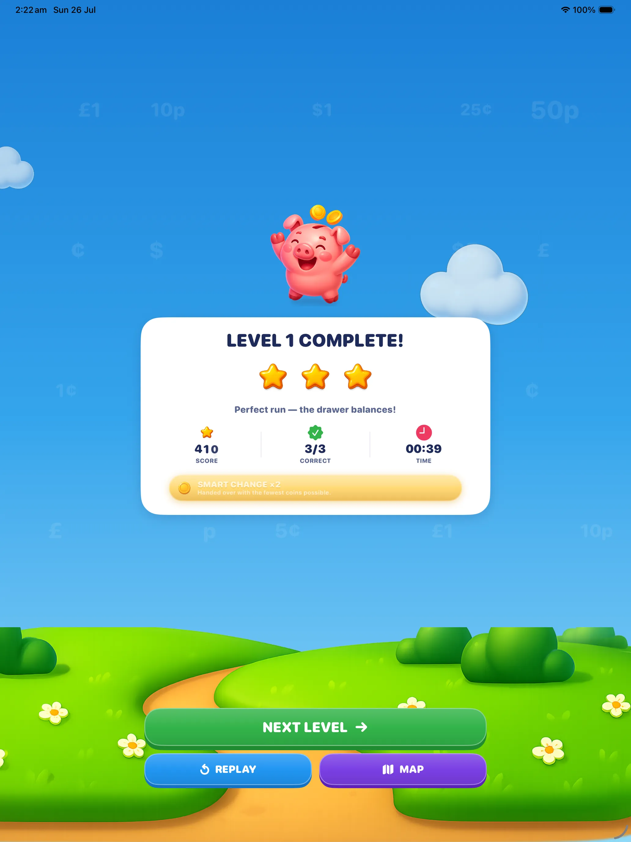 Level complete on iPad — three stars, a perfect run message, score 410 and the Next Level, Replay and Map buttons