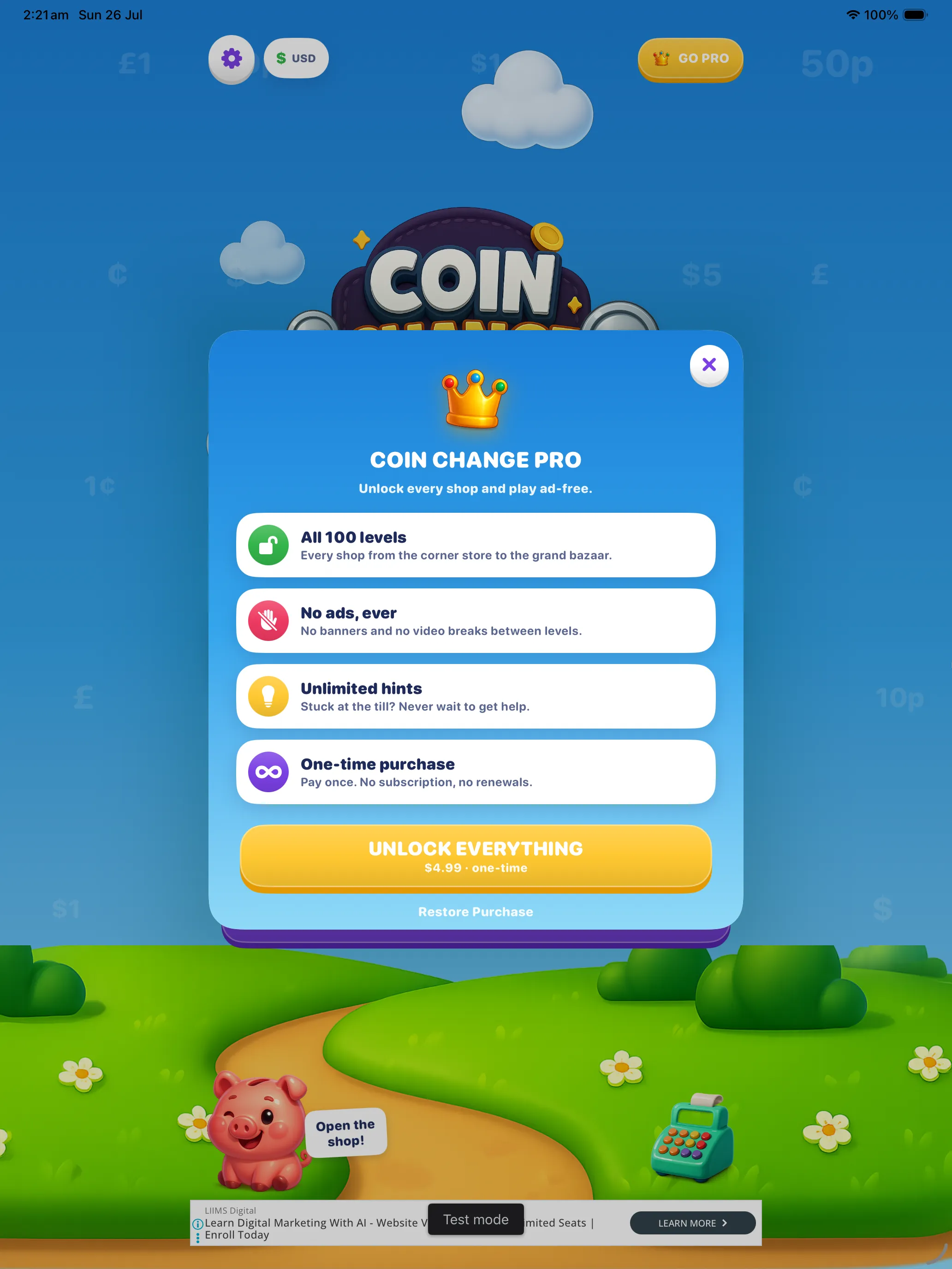 Coin Change Pro sheet on iPad listing all 100 levels, no ads, unlimited hints and the one-time unlock