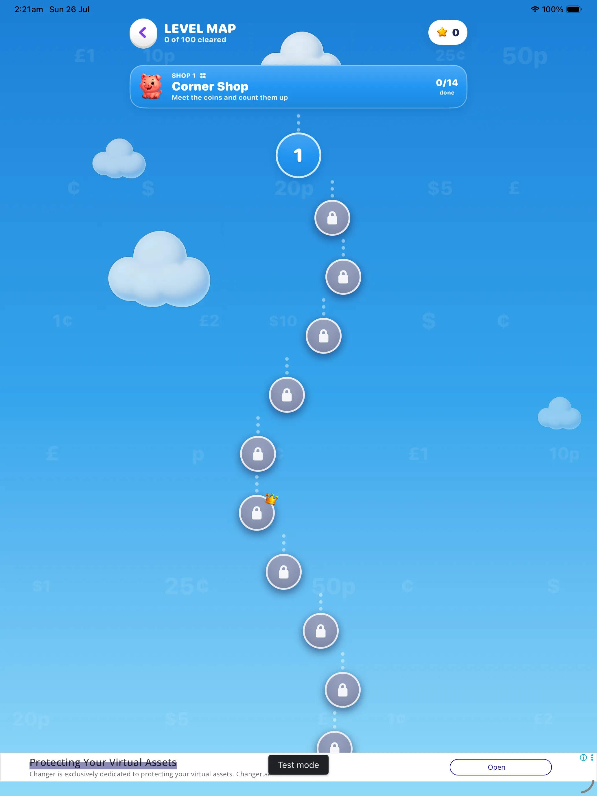 Level map on iPad — the Corner Shop path with level 1 open and a crowned Pro level further down
