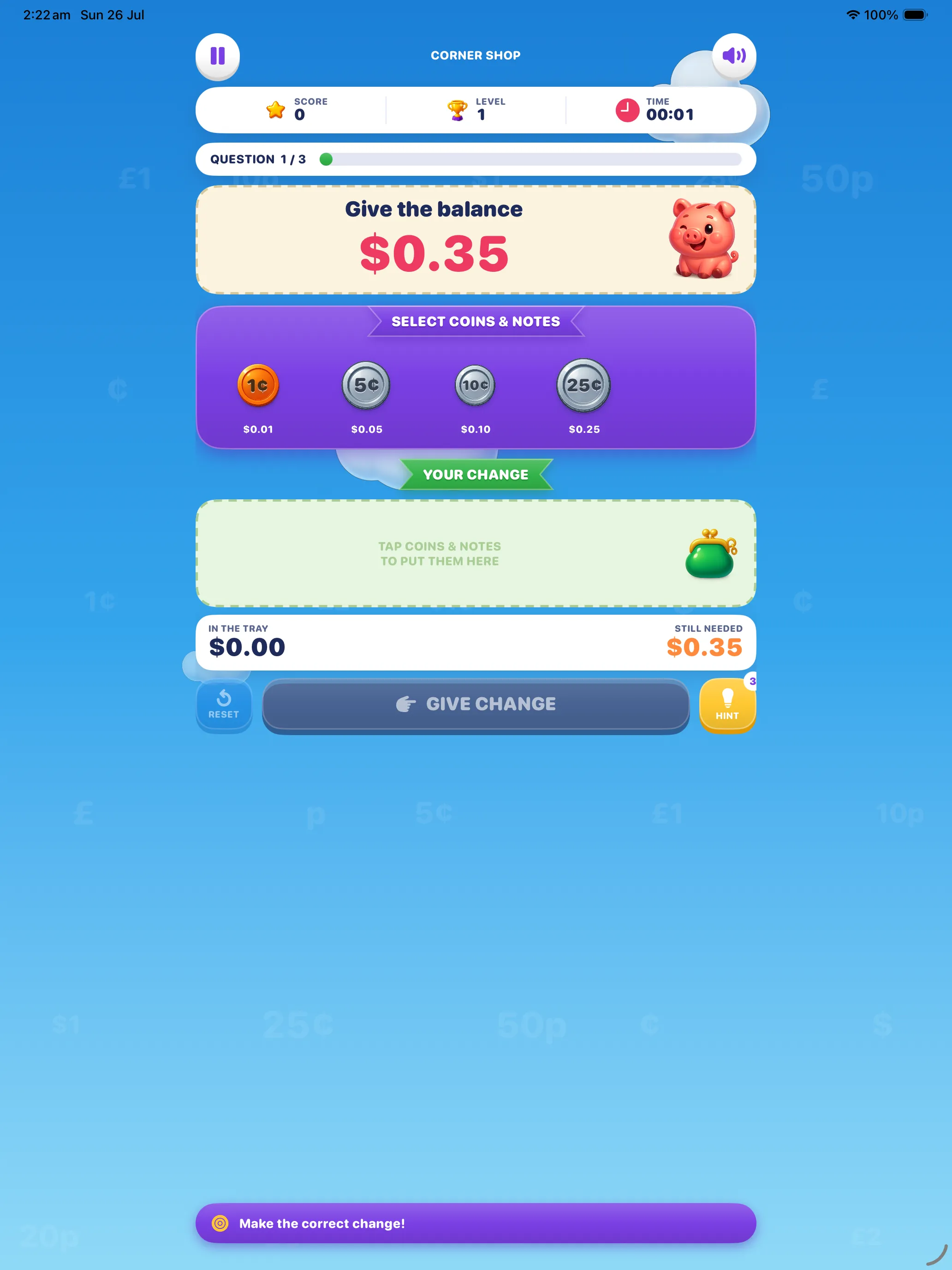 Building change on iPad — Give the balance $0.35 with the coin tray, an empty change tray and the hint button showing three hints left