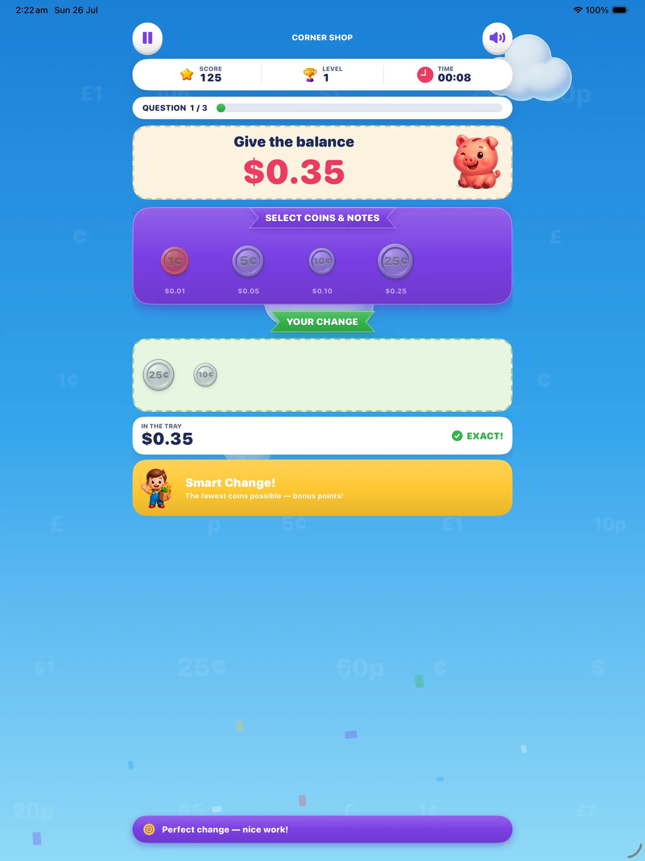 Smart Change on iPad — 25¢ and 10¢ in the tray making an exact $0.35 with the fewest coins possible bonus banner