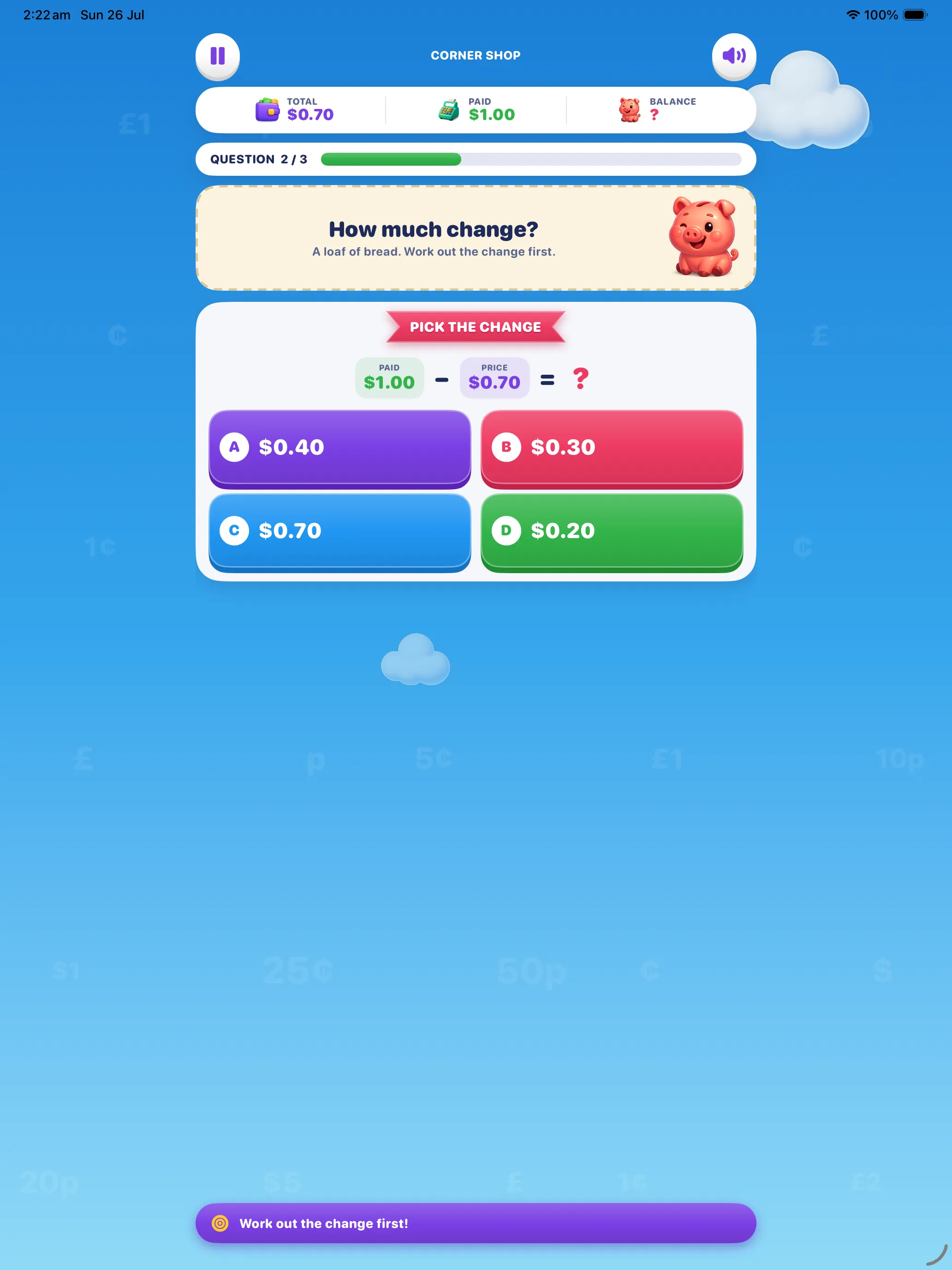 Pick the change question on iPad — a loaf of bread, paid $1.00 minus price $0.70 and four multiple-choice amounts