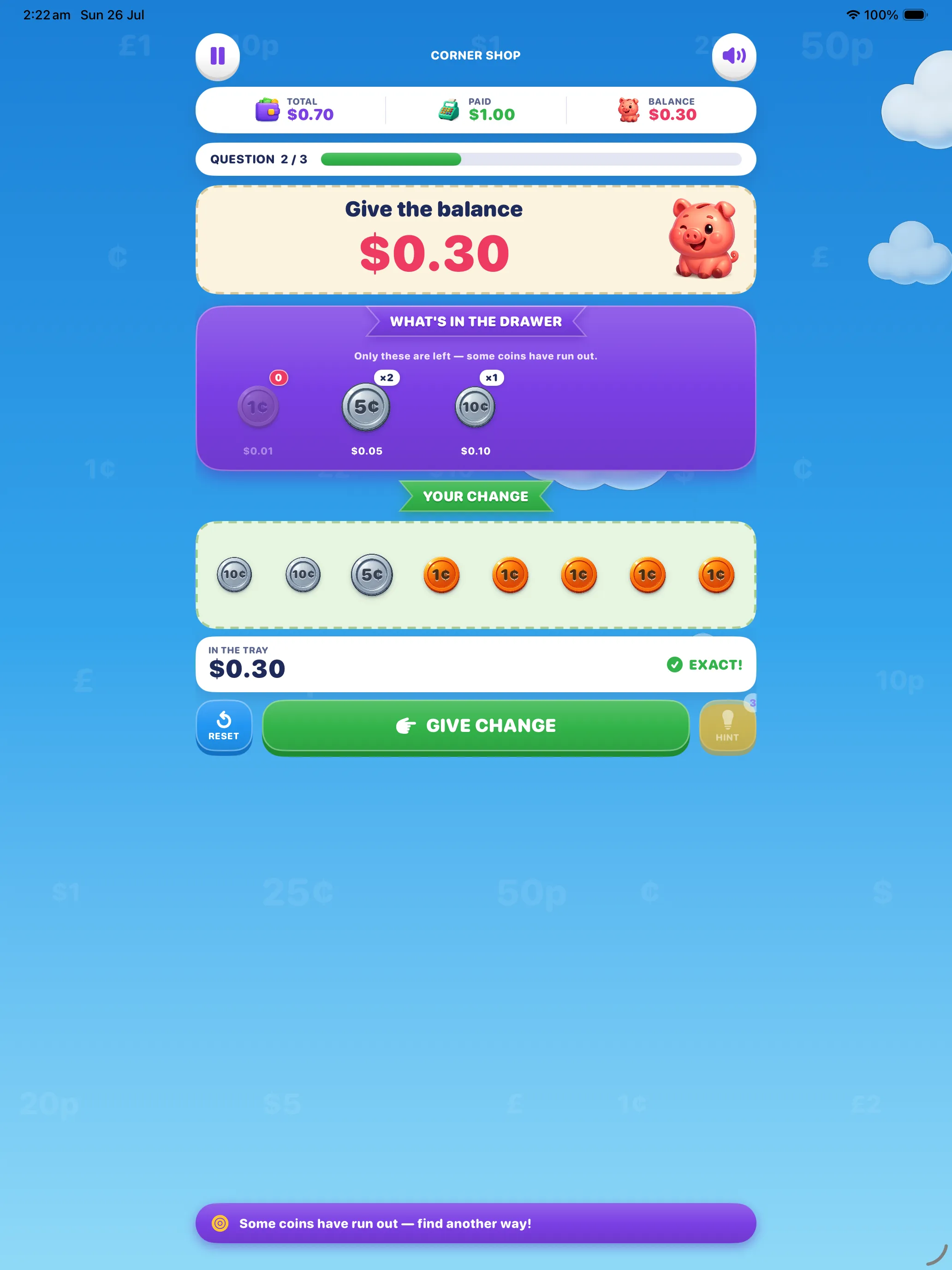 Short drawer solved on iPad — $0.30 made from two dimes, a nickel and five pennies once the bigger coins had run out