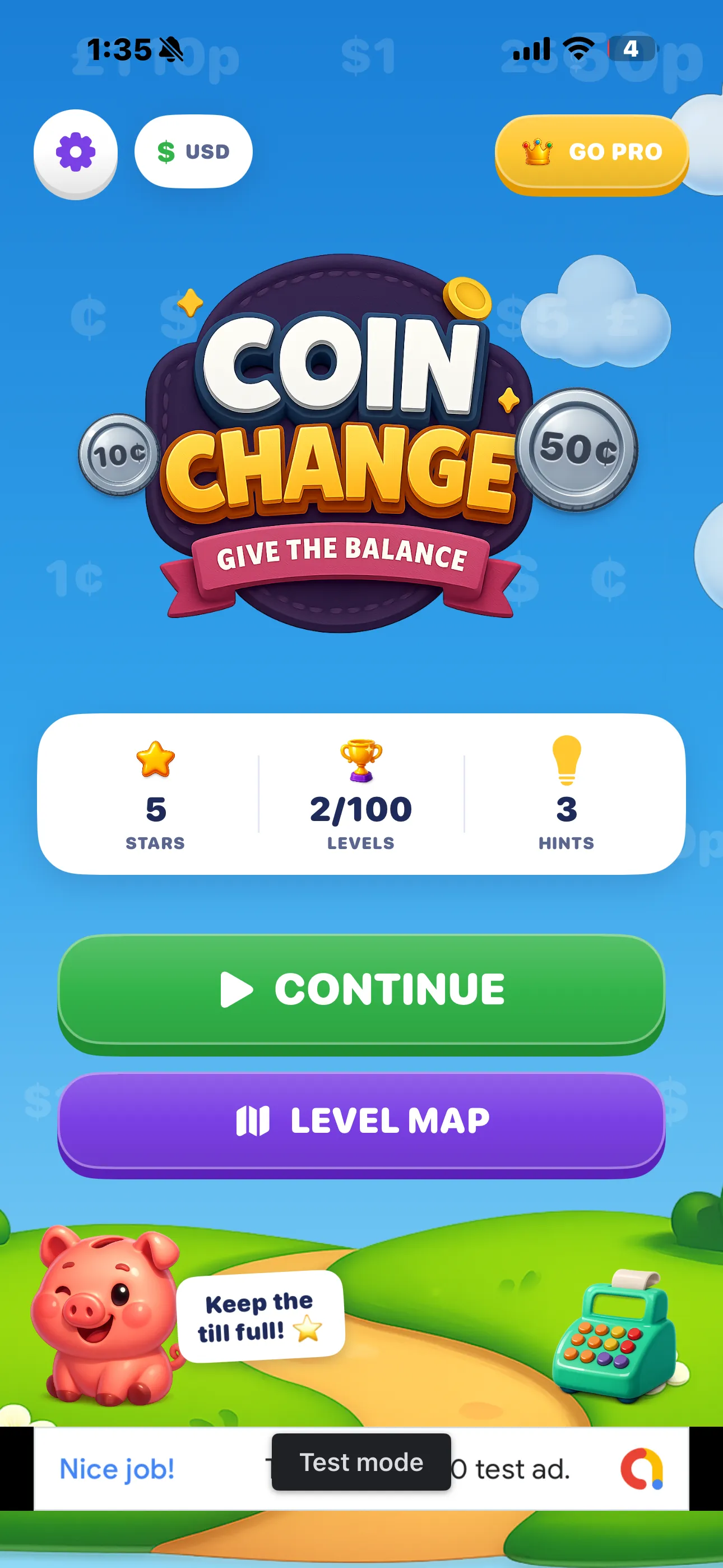 Coin Change home screen on iPhone — the game logo in a blue sky above stars, levels and hints counters with Continue and Level Map buttons