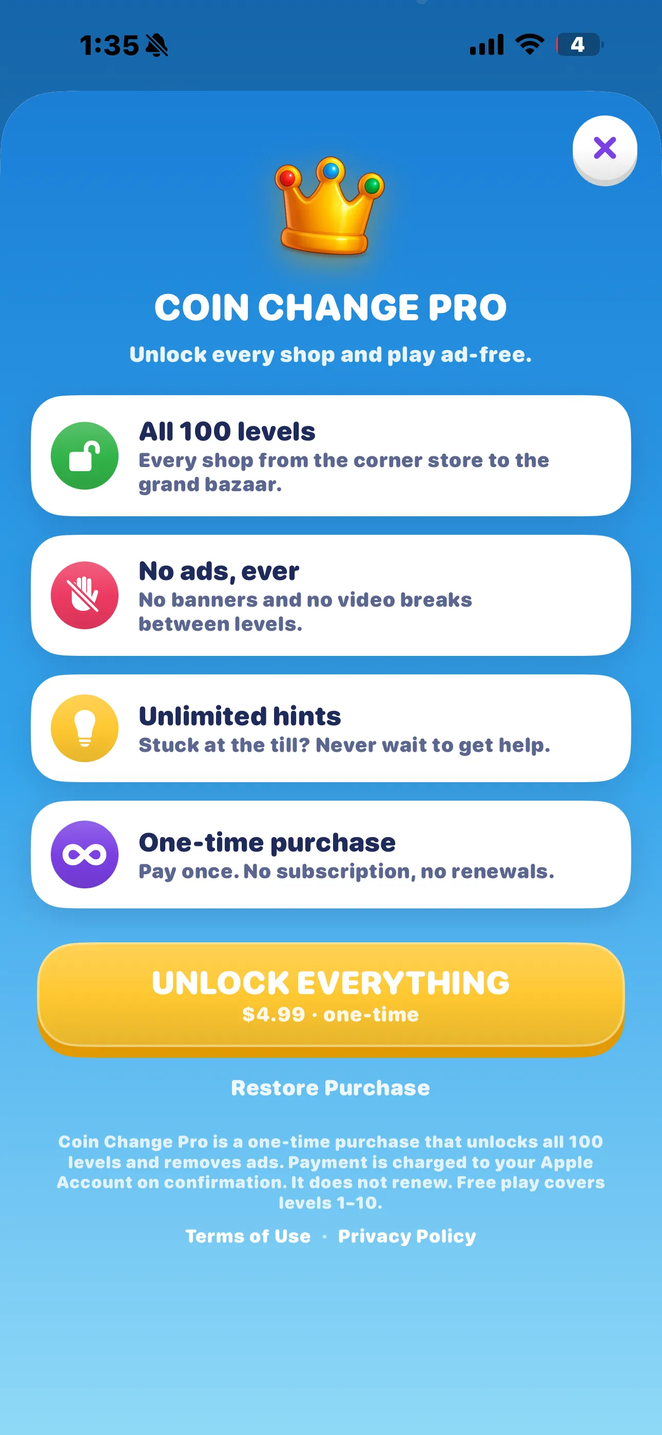 Coin Change Pro screen on iPhone — all 100 levels, no ads, unlimited hints and a one-time $4.99 purchase
