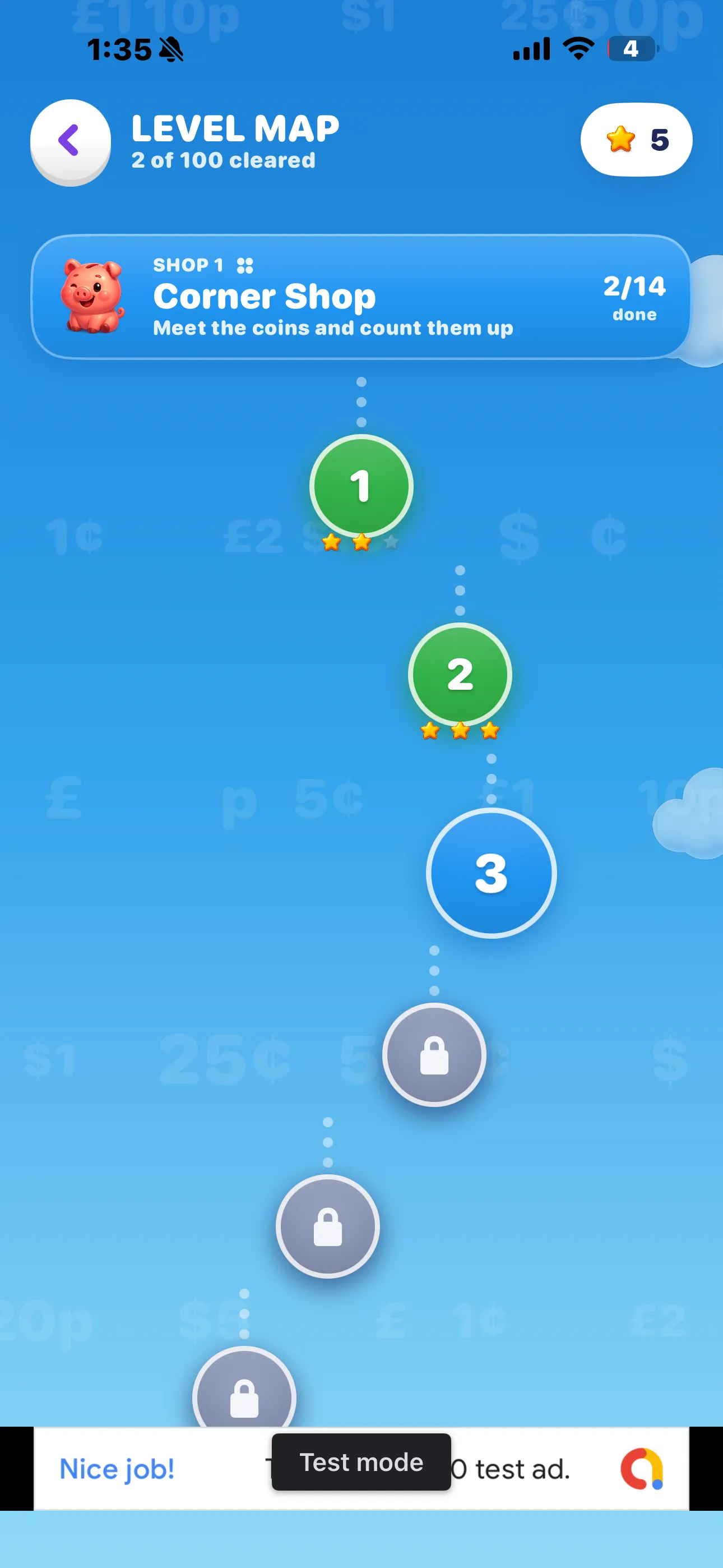 Level map on iPhone — Shop 1 Corner Shop, a winding path of numbered level bubbles with earned stars and locked levels ahead