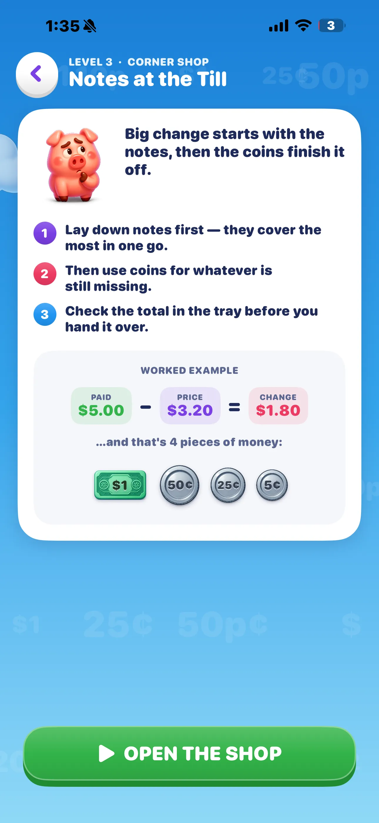 Lesson card on iPhone for Level 3 Notes at the Till — three rules and the worked example $5.00 minus $3.20 equals $1.80 made of four pieces of money