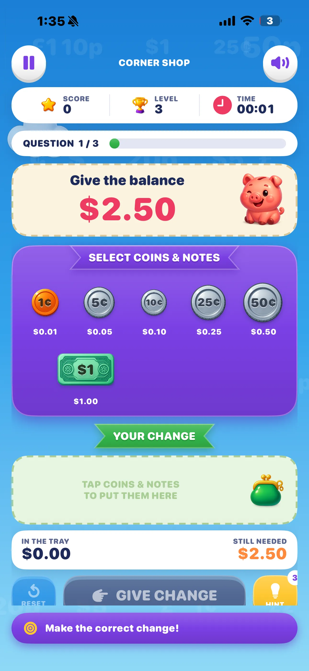 Coin Change gameplay on iPhone — Give the balance $2.50 above a purple tray of coins and notes and an empty change tray