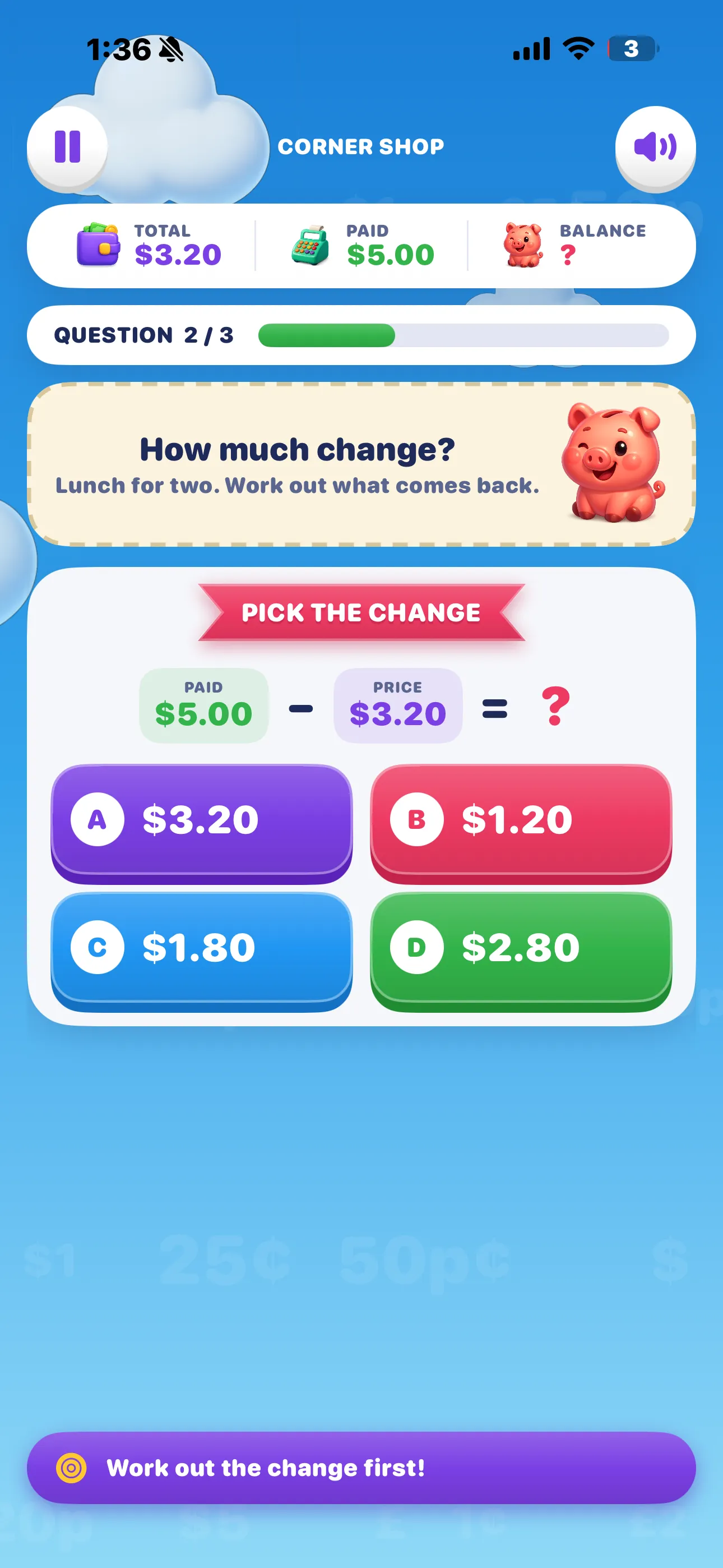 Pick the change question on iPhone — paid $5.00 minus price $3.20 with four multiple-choice amounts