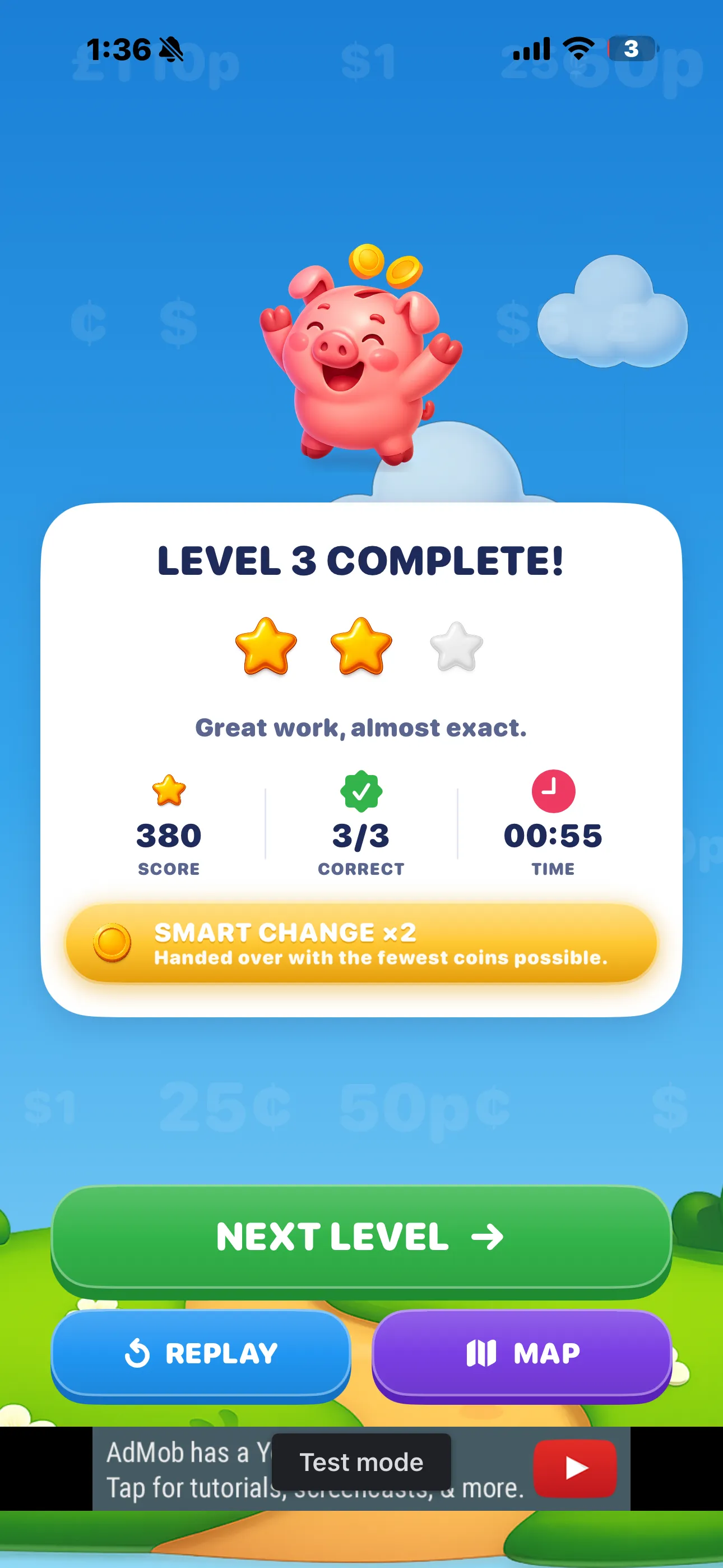 Level complete on iPhone — a cheering piggy, two stars, score 380, three of three correct and a Smart Change ×2 bonus